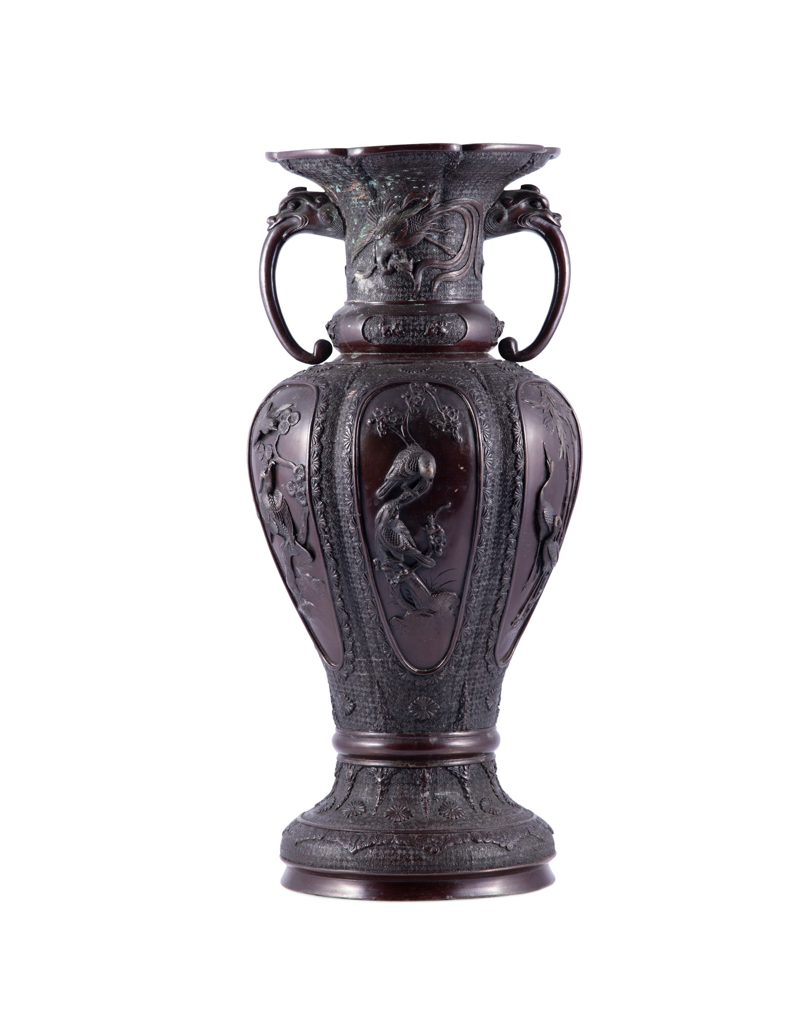 KYŌTO YOSHIDA A large Japanese bronze baluster vase, with dragon handles, the body carved (1 of 7)