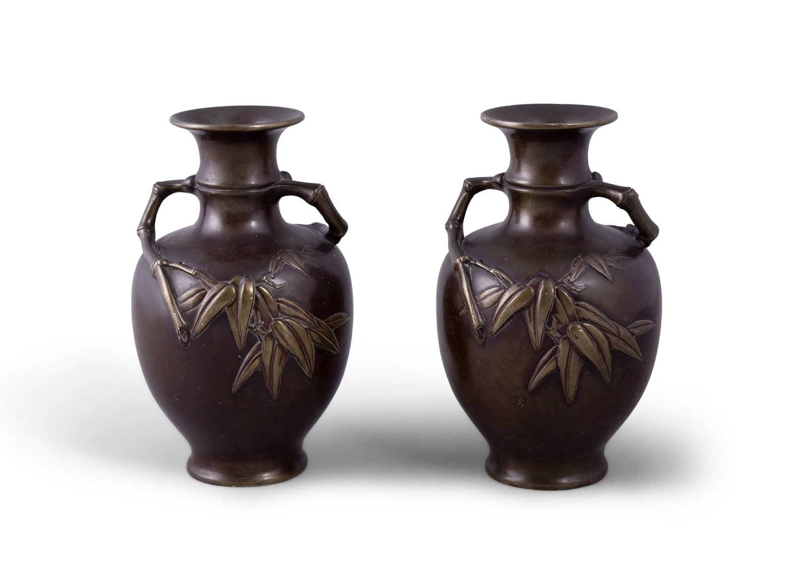 A PAIR OF JAPANESE BRONZE GLOBULAR VASES, Meiji period, each with floral rims and waisted neck, (1 of 4)