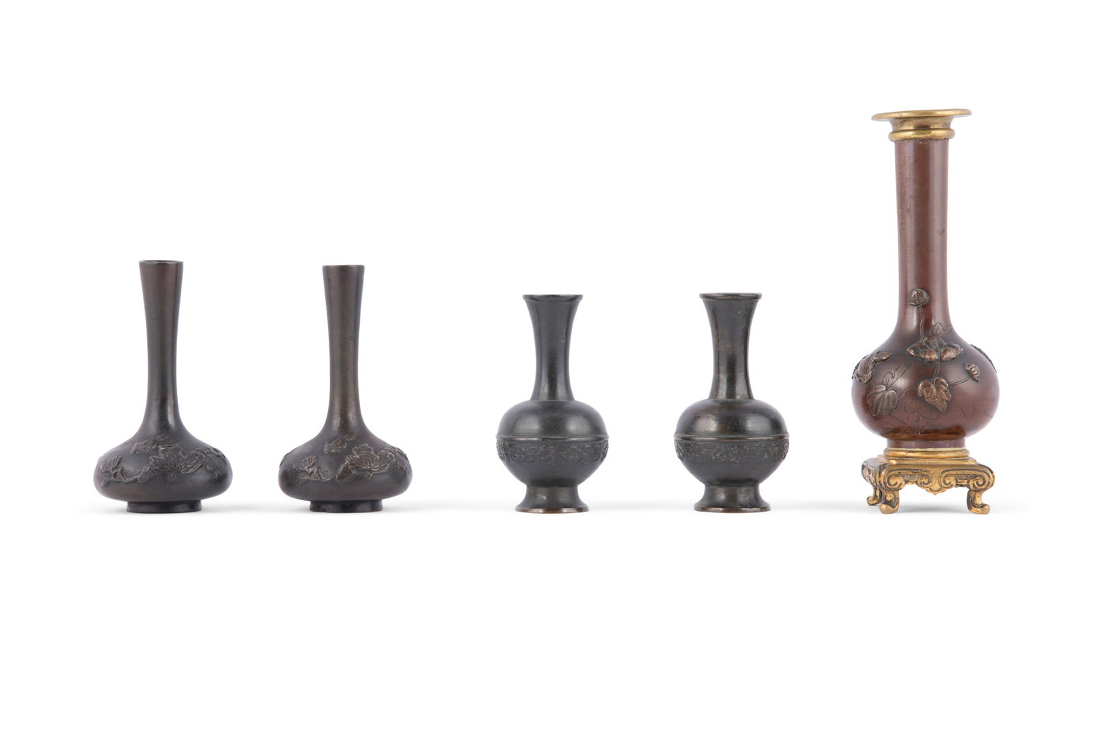 A GROUP OF FIVE SMALL COPPER VASES Japan, Meiji period H.10-15cm ***PLEASE NOTE: THIS LOT IS NOT (1 of 2)