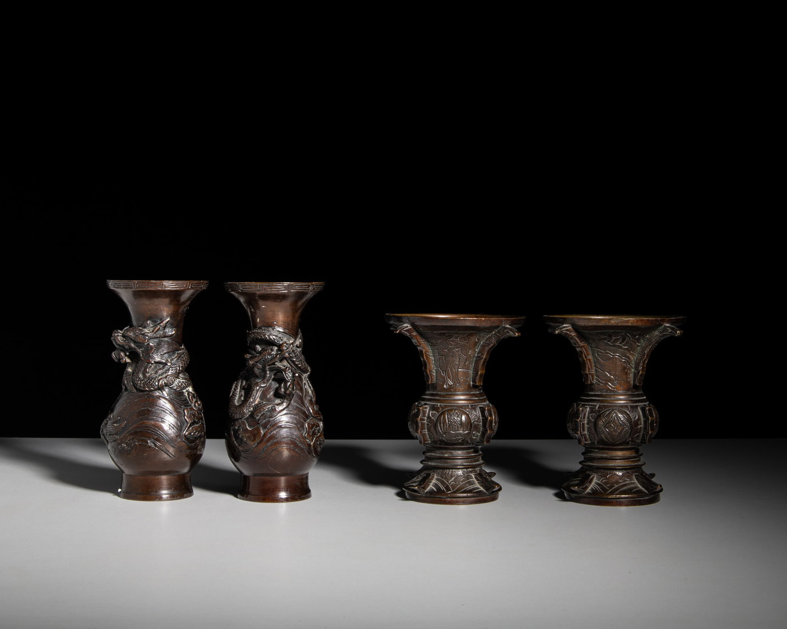 TWO PAIRS OF MINIATURE BRONZE VASES Japan, late 19 - early 20th century H.13.5-15.5cm (1 of 1)