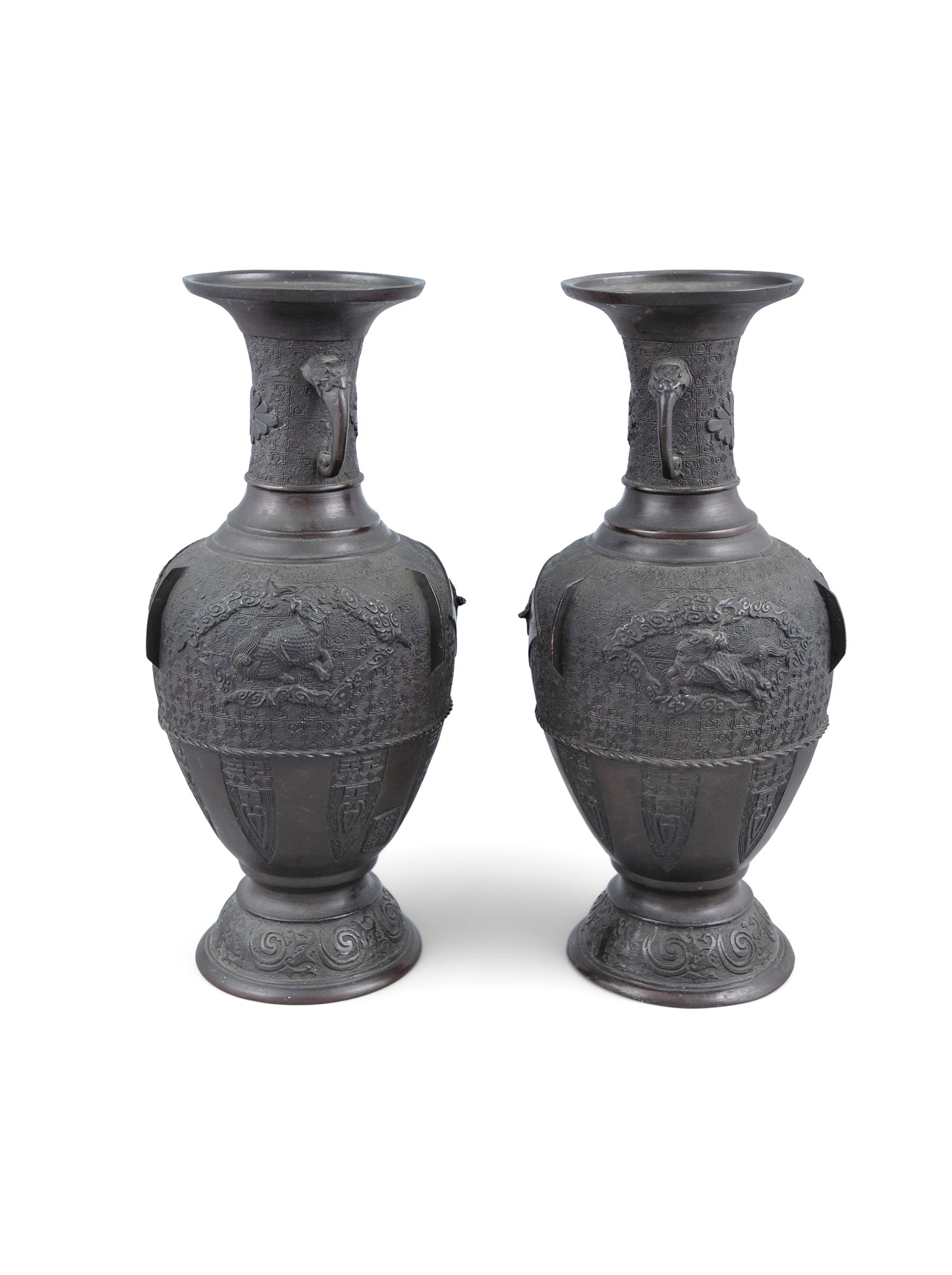 A PAIR OF JAPANESE BRONZE BALUSTER VASES, late 19th century, each cast with archaic designs, applied (1 of 1)