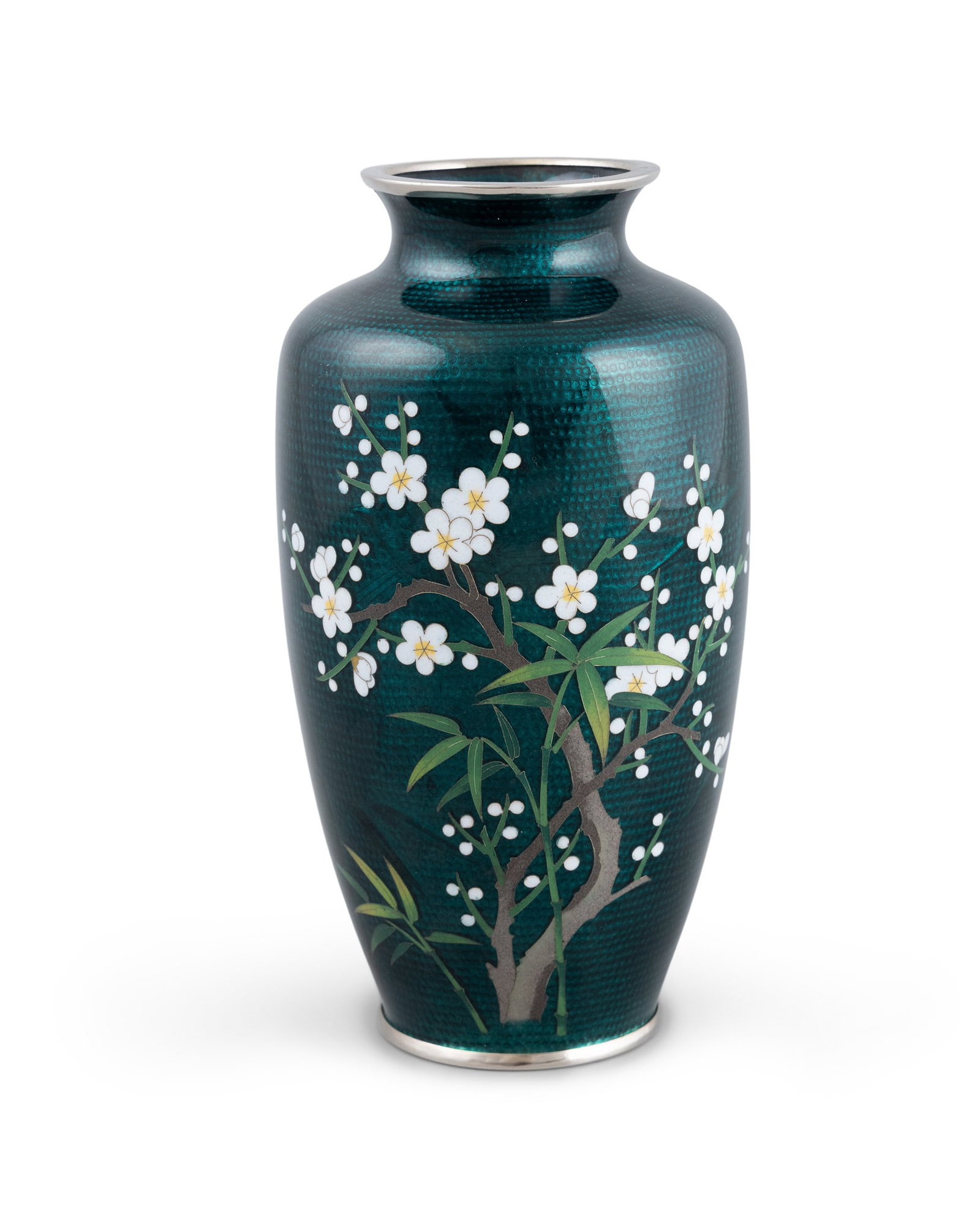 A TURQUOISE GROUND 'PLUM BLOSSOM' CLOISONNE ENAMEL VASE Japan, 20th century H.19cm: A TURQUOISE GROUND 'PLUM BLOSSOM' CLOISONNE ENAMEL VASE Japan, 20th century H.19cm
