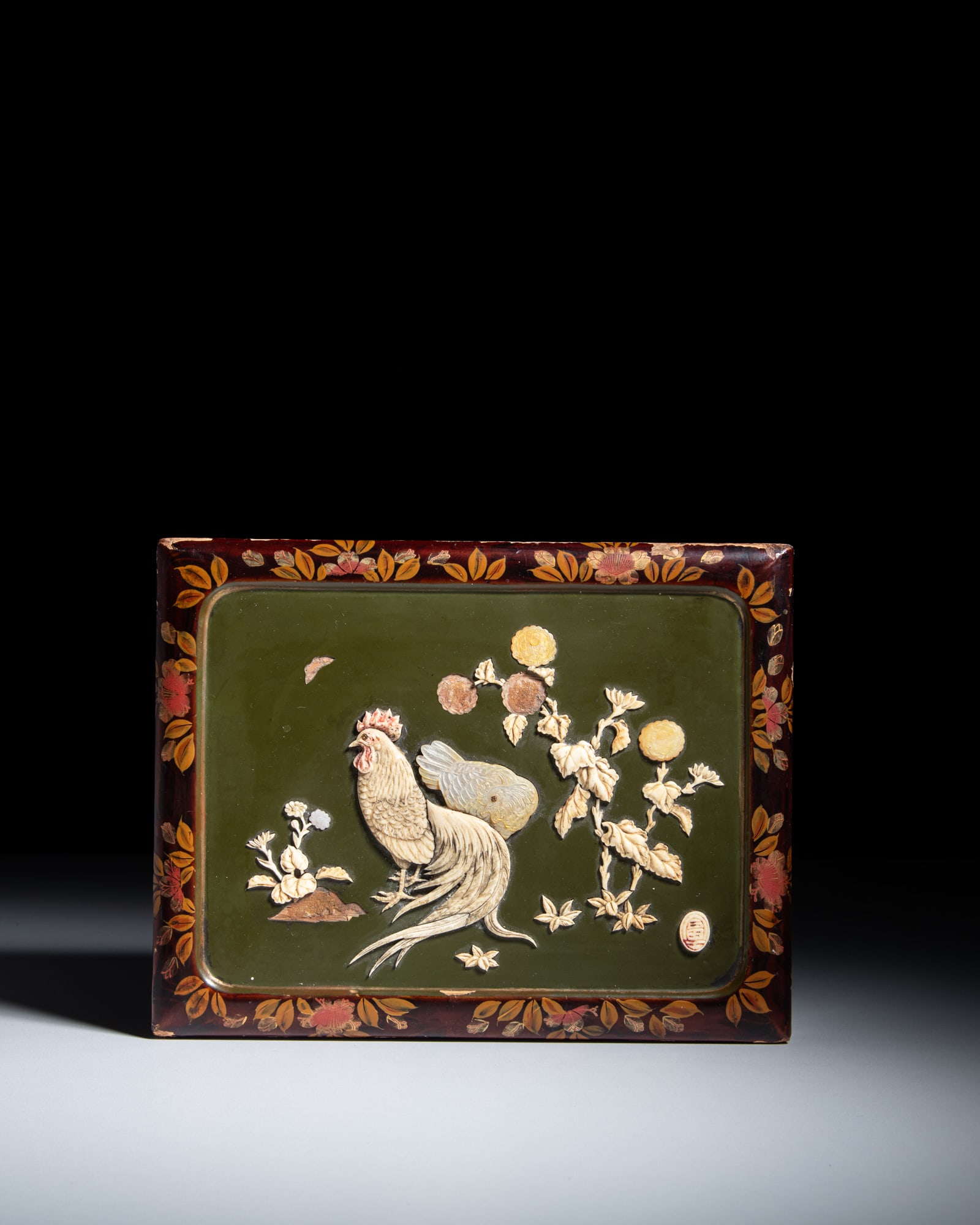 A WOODEN LACQUERED BOX WITH CARVED BONE AND MOTHER-OF-PEARL INLAY, DECORATED WITH ROOSTERS AND (1 of 2)