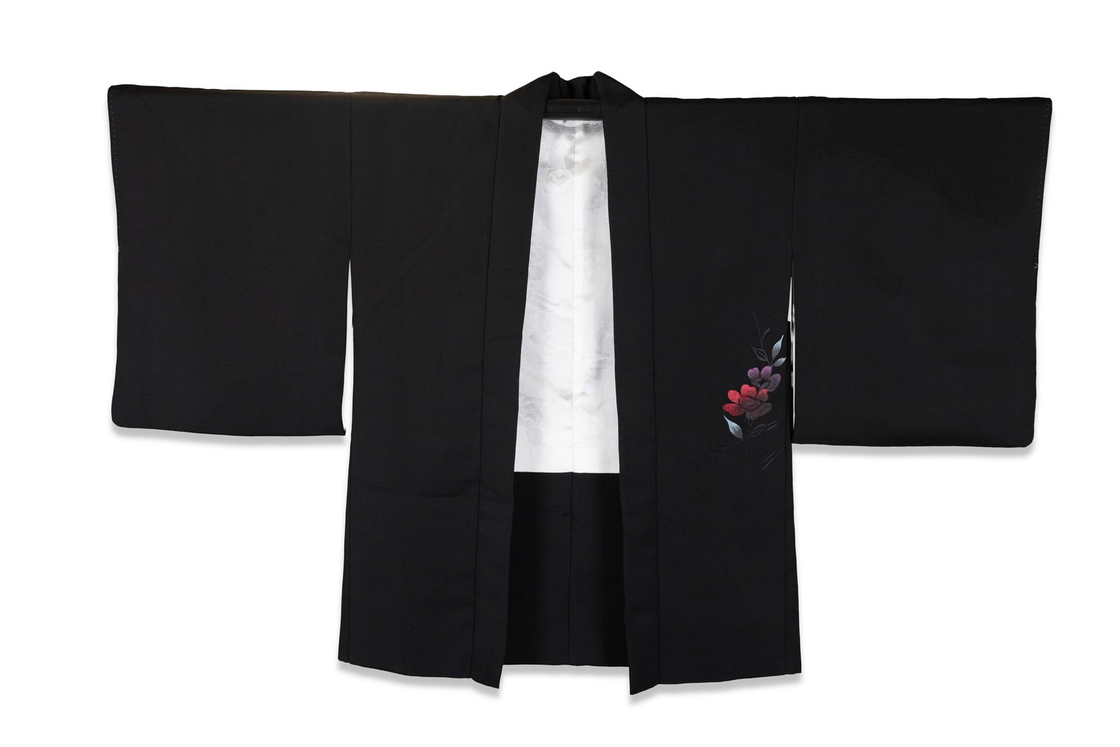 A GROUP OF TWO JAPANESE BLACK-GROUND SILK HAORI Japan, 20th century, Shōwa period, comprising (1 of 4)