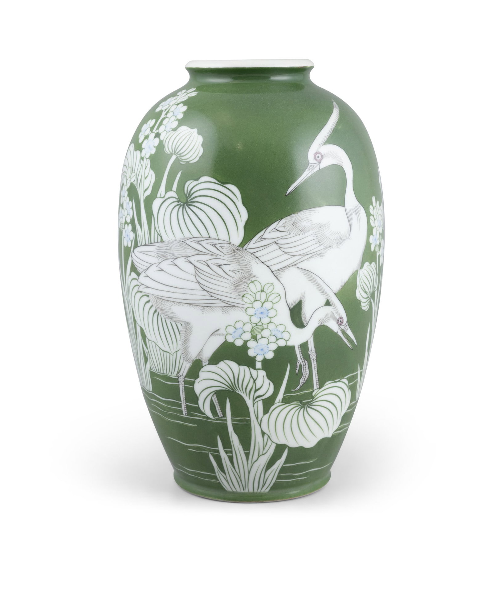 A LARGE GREEN AND WHITE BALUSTER VASE WTH HERON DECORATION Japan, 20th century Signed H.31cm (1 of 3)