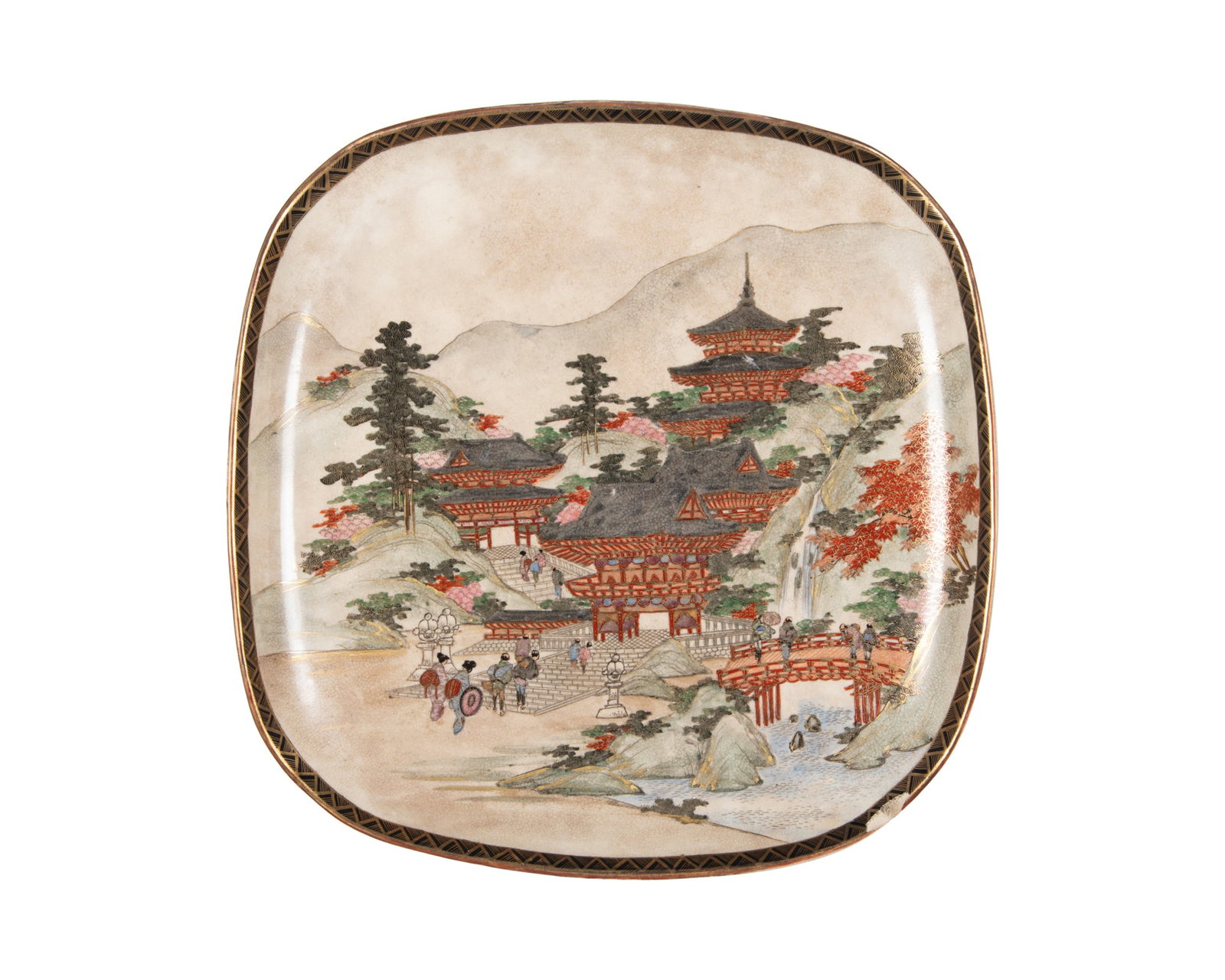 A FINELY PAINTED SATSUMA SQUARE DISH DEPICTING A “TEMPLE VISITING” SCENE, SIGNED “ (1 of 2)