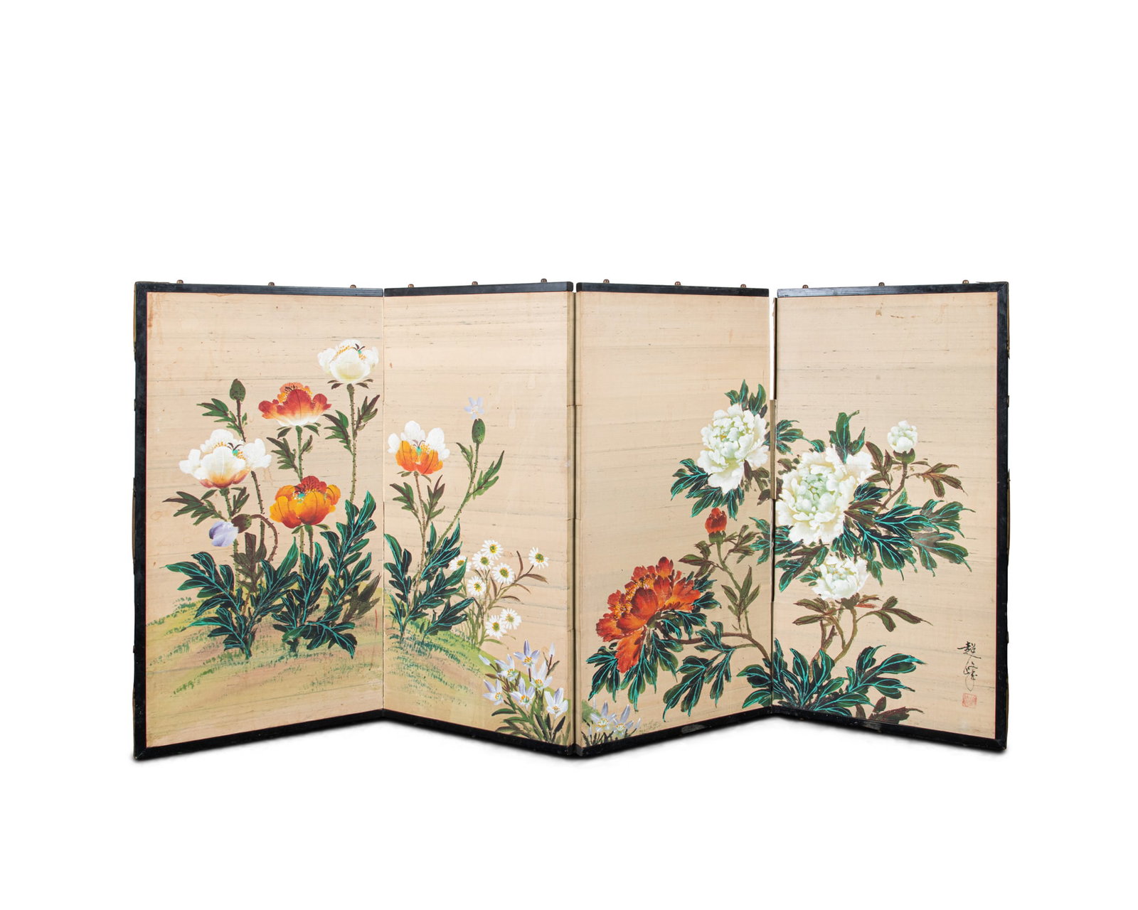 A FOUR-PANEL WATERCOLOR SCREEN WITH 'FLOWERS', SIGNED CHAO FENG China or Japan, second half of 20th (1 of 1)