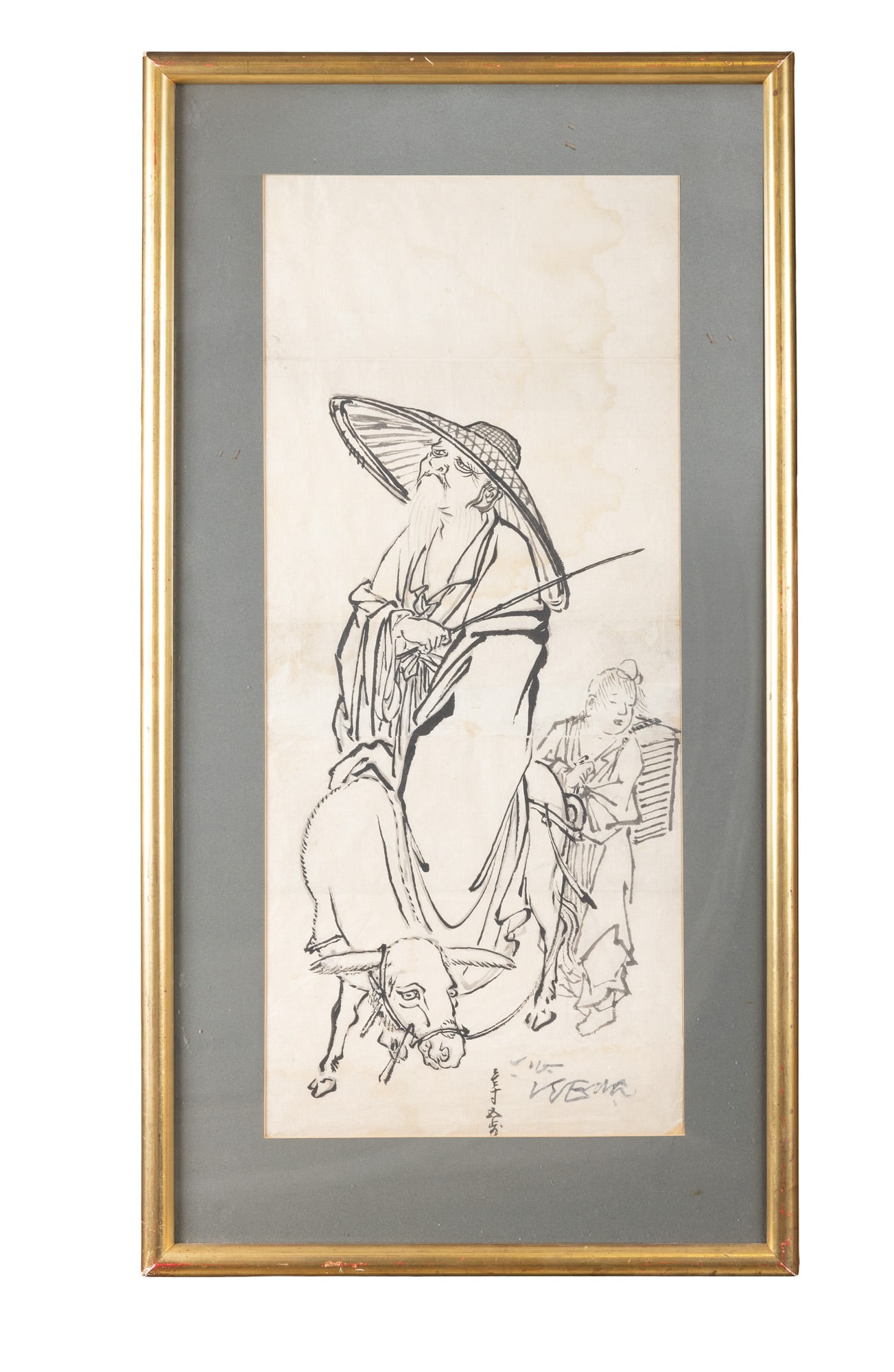 AN INK LAOZI PAPER PAINTING Japan, 20th century depicting Laozi Riding an Ox with a Cowherd,: AN INK LAOZI PAPER PAINTING Japan, 20th century depicting Laozi Riding an Ox with a Cowherd, signed size. 61x 26.5cm
