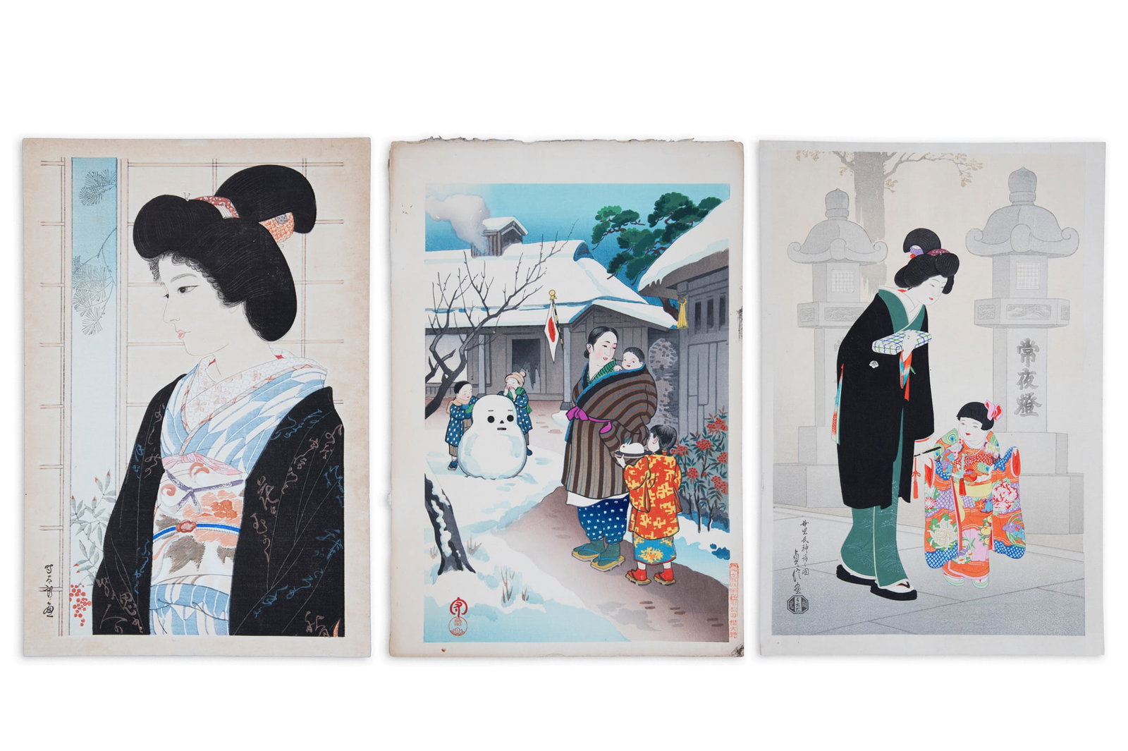 A GROUP OF THREE PRINTS SENTARO IWATA (1901-1974) Title: Young Matron Rare shin hanga print: A GROUP OF THREE PRINTS SENTARO IWATA (1901-1974) Title: Young Matron Rare shin hanga print c.1930’s Showa period Ōban tate-e Japanese woodblock print, 36 x 24.2cm SADANOBU HASEGAWA III (Ko