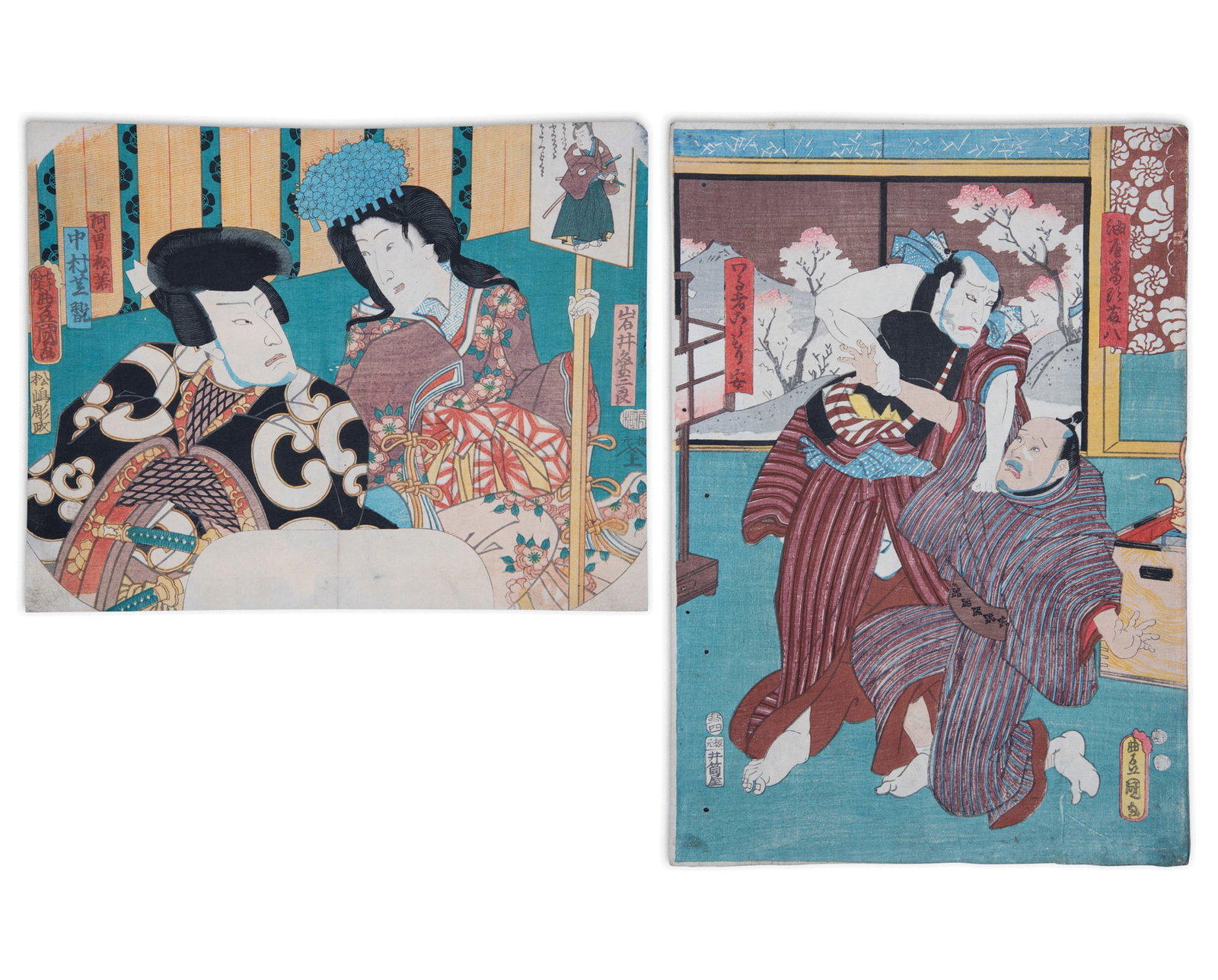 A GROUP OF TWO PRINTS BY UTAGAWA KUNISADA (1786-1865) Fan print depicting an episode from a kabuki (1 of 6)