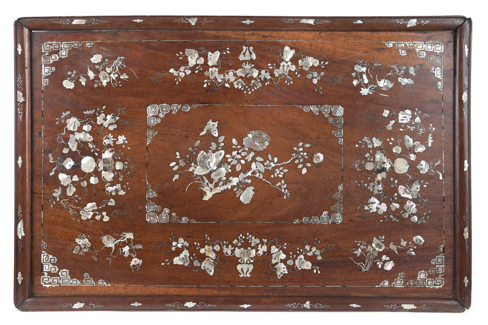 AN UNUSUAL AND VERY LARGE MOTHER OF PEARL INLAID ‘FLOWERS’ WOODEN TRAY Vietnam, Tonkin, (1 of 2)