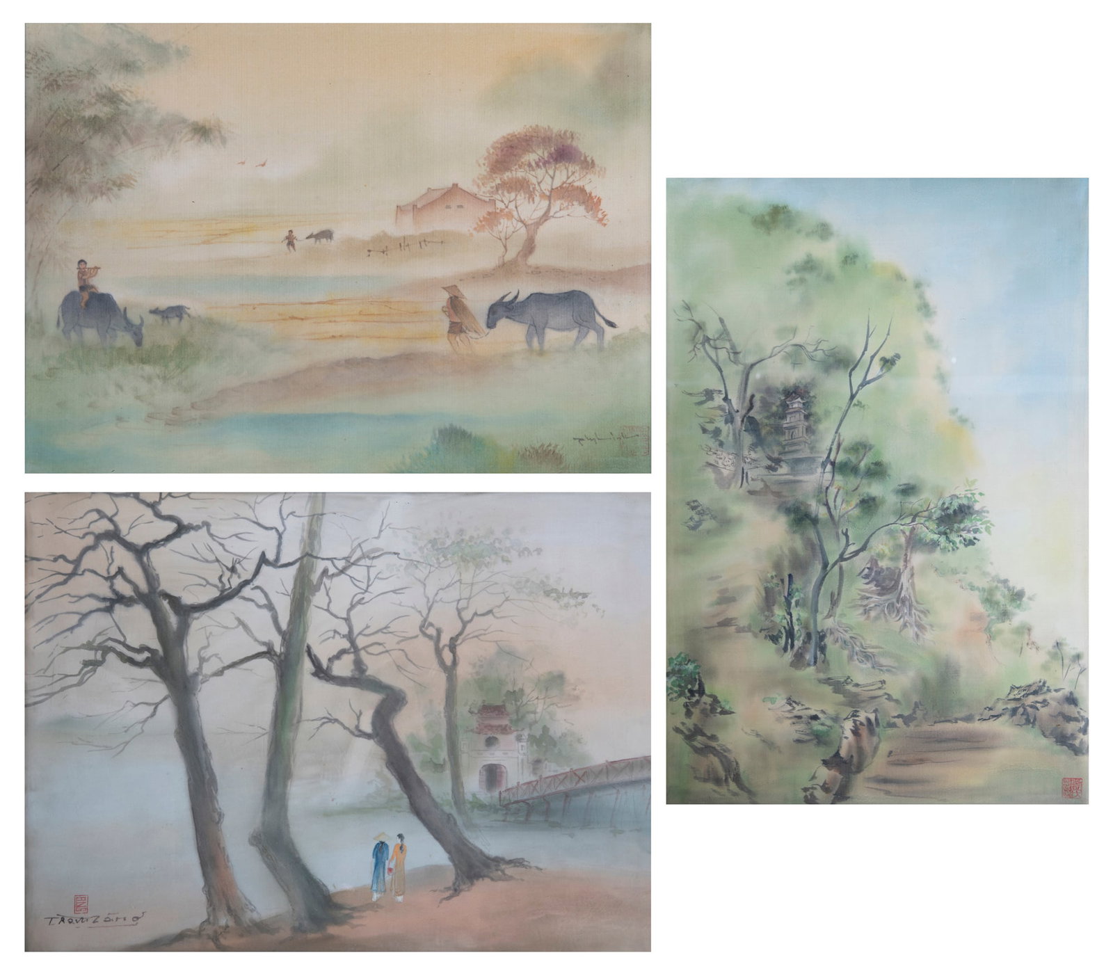 THREE SILK GOUACHE PAINTINGS, SIGNED AND FRAMED Vietnam, 20th century Stroll in Front of the (1 of 10)