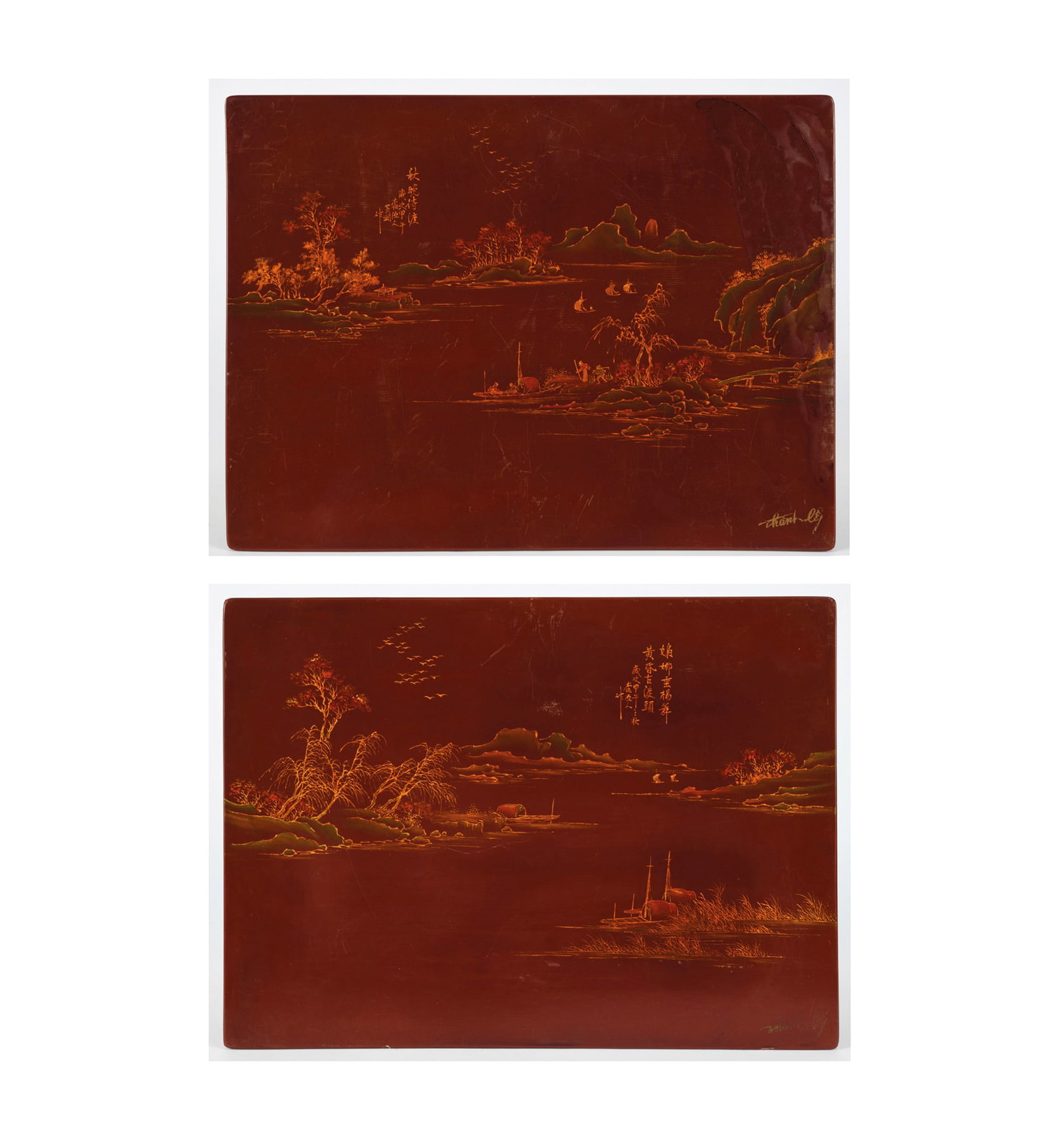 A PAIR OF RED AND GILT LACQUERED WOODEN PANELS WITH LANDSCAPE AND CALLIGRAPHY Vietnam, early 20th (1 of 6)