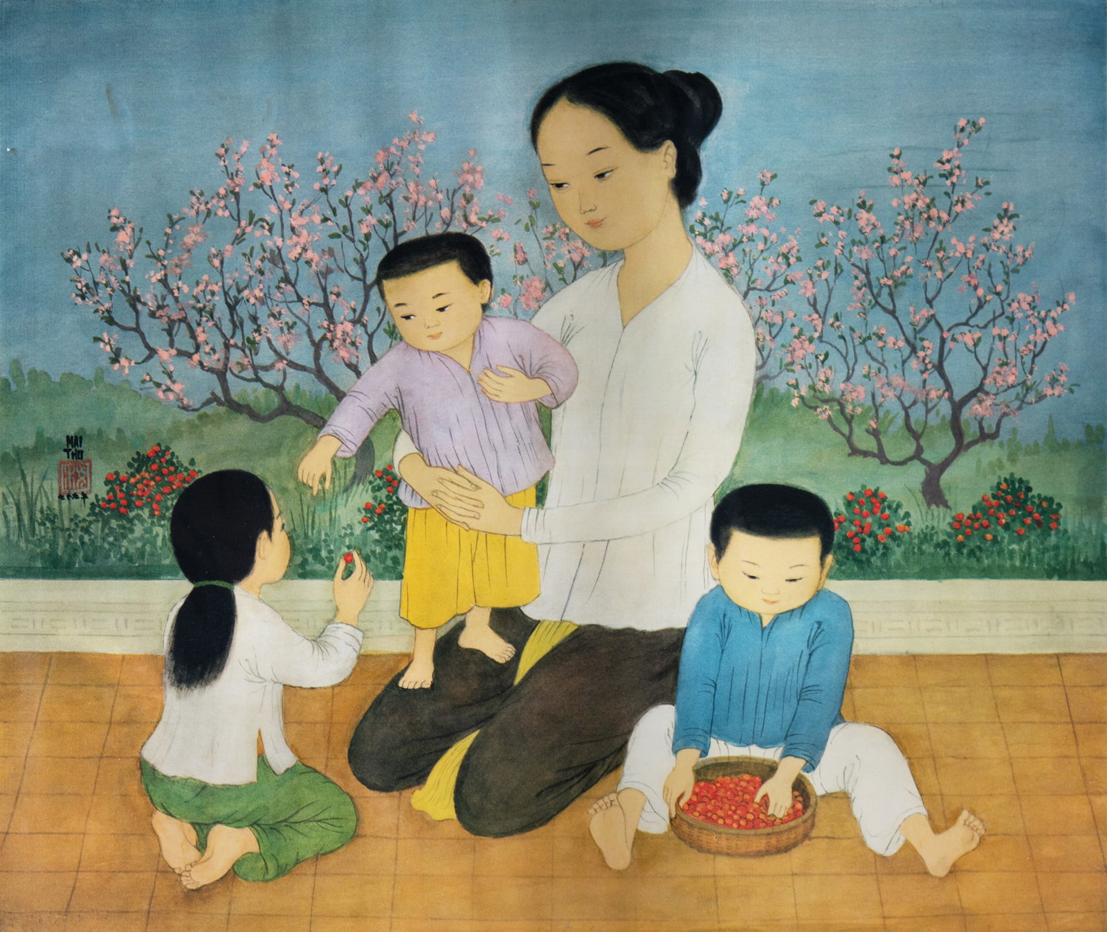 MAI TRUNG THU (1906-1980) La Cueillette des fruits Print Bears a printed signature and a seal (1 of 2)