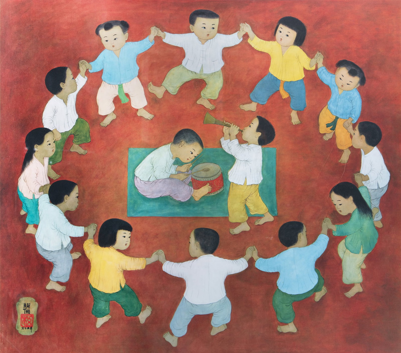 MAI TRUNG THU (1906-1980) 'La Ronde des enfants' Print, Numbered '2538' Framed Size: 60 x 59cm (1 of 2)