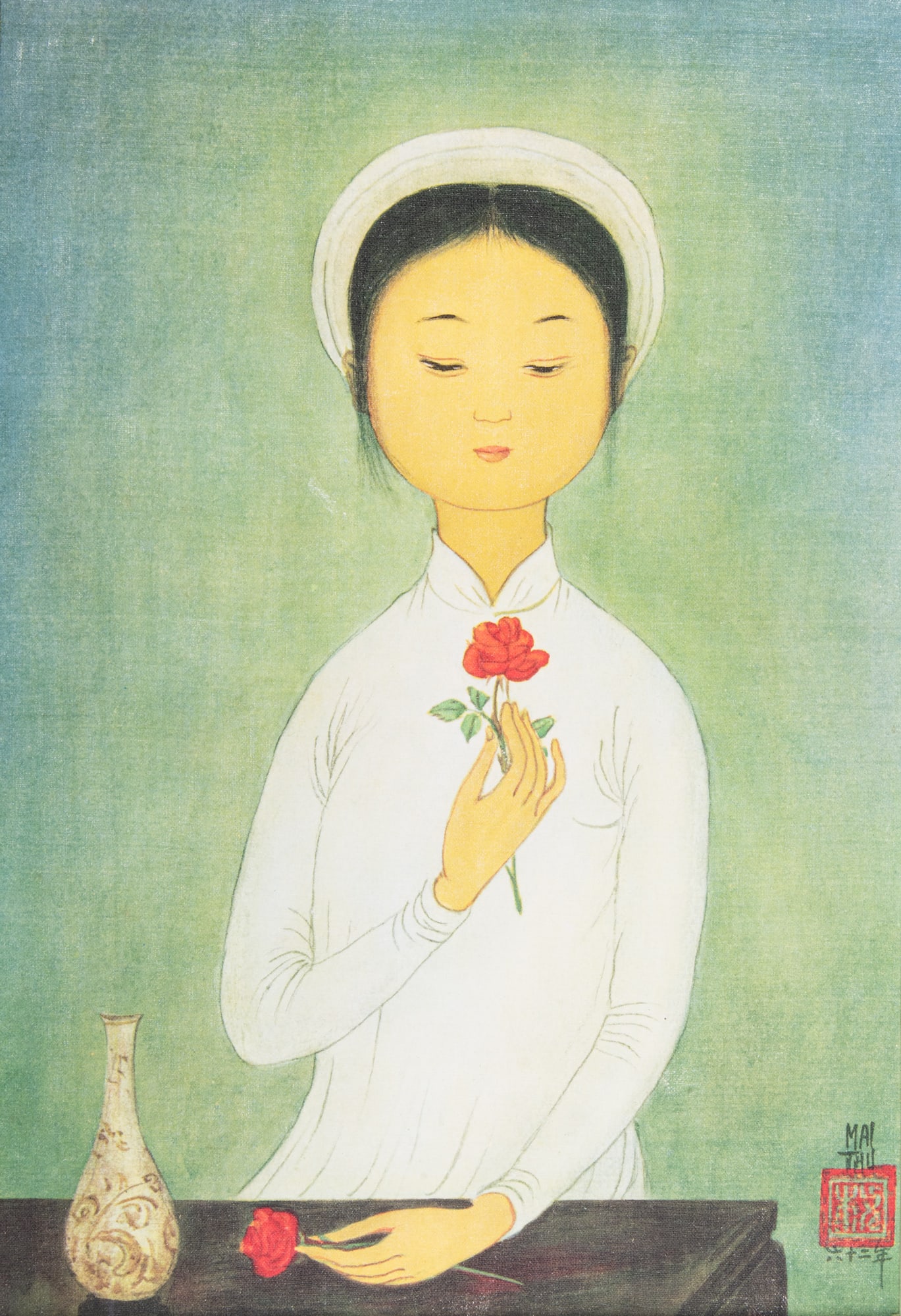 AFTER MAI TRUNG THU (1906-1980) Little Woman with a Flower Print on silk, framed Bears a printed (1 of 1)