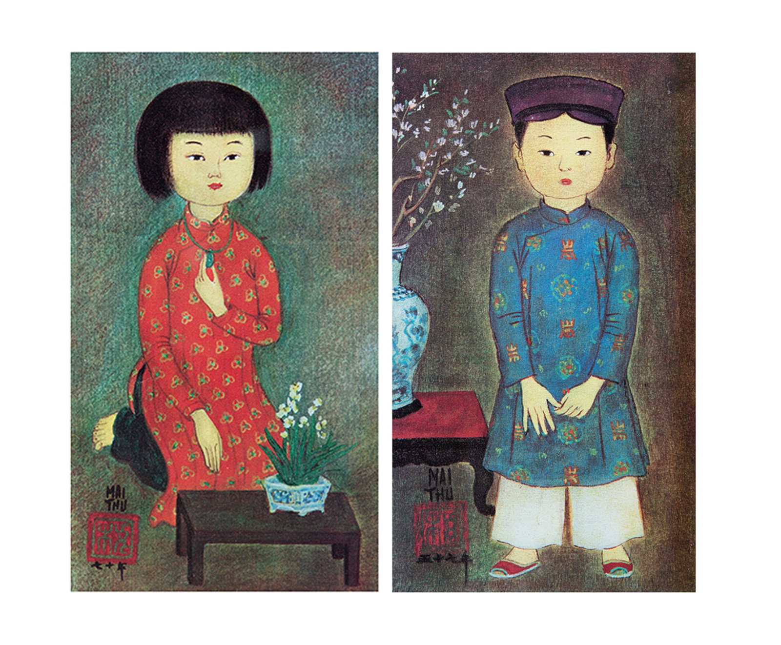 MAI TRUNG THU (1906-1980) Girl and boy Two prints Bears a printed signature and a seal in the pla: MAI TRUNG THU (1906-1980) Girl and boy Two prints Bears a printed signature and a seal in the plate to the lower left Framed Size: 18.5x 10.5cm ***PLEASE NOTE THAT THIS LOT IS NOT ON VIEW AT ST STEPHE