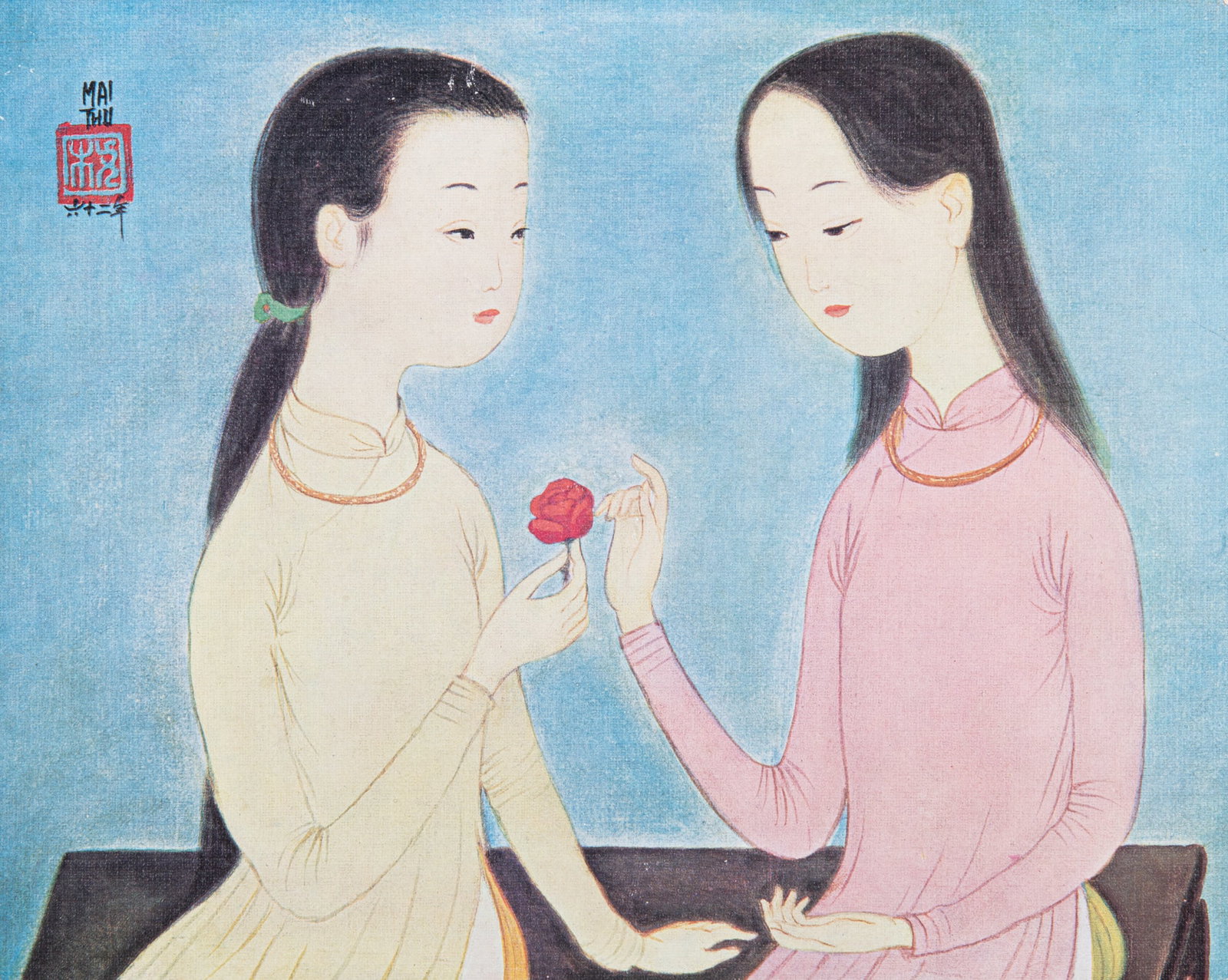 AFTER MAI TRUNG THU (1906-1980) Two girls with a rose Print Bears a printed signature and a seal: AFTER MAI TRUNG THU (1906-1980) Two girls with a rose Print Bears a printed signature and a seal to the top left Size: 21x 26cm