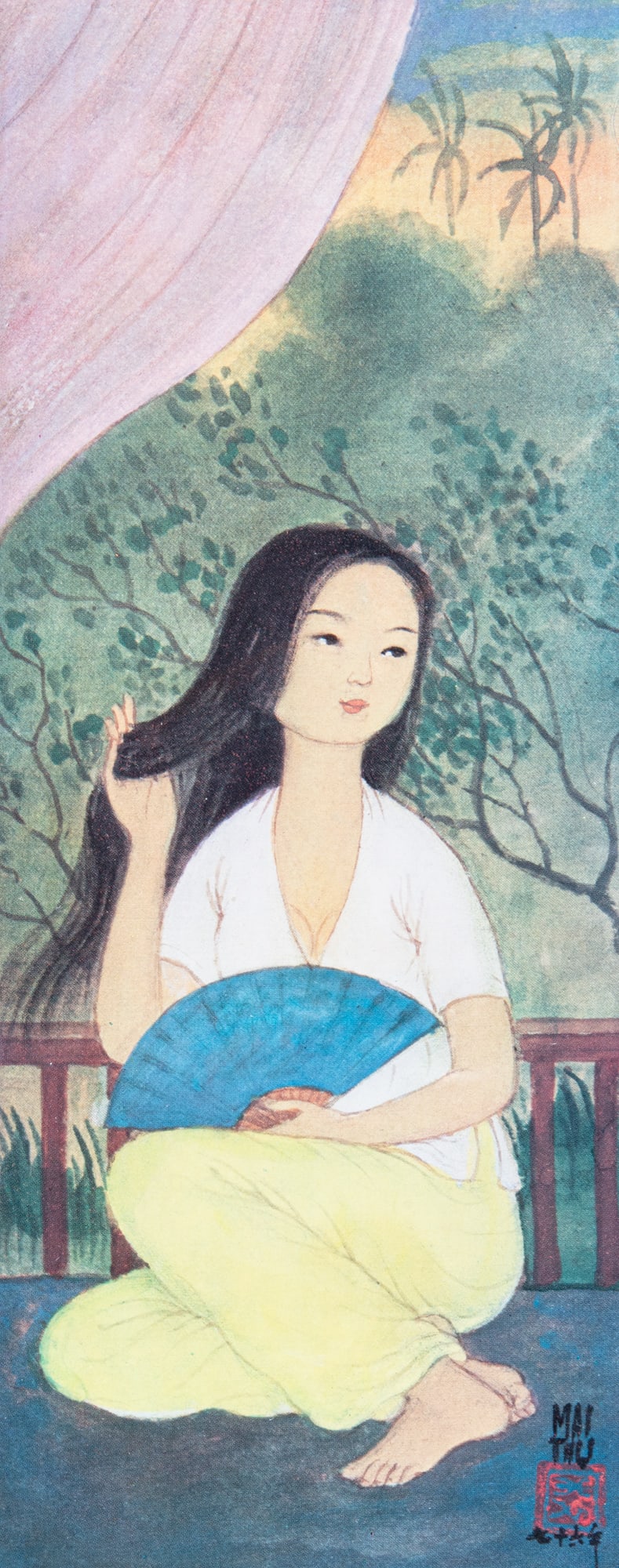AFTER MAI TRUNG THU (1906–1980) Young Girl with a Fan A colour print on paper, framed: AFTER MAI TRUNG THU (1906–1980) Young Girl with a Fan A colour print on paper, framed under glass Size.27.4 × 12cm