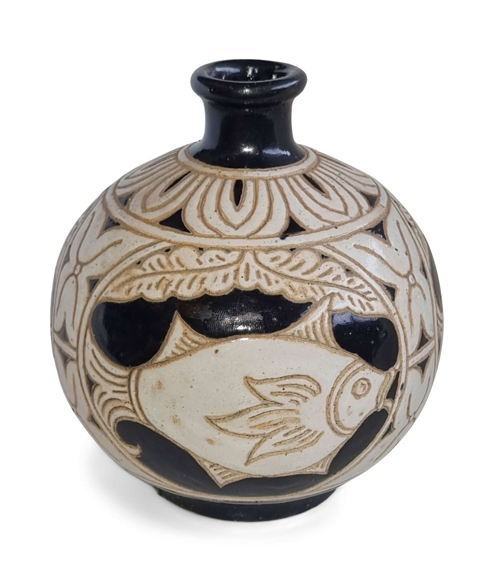 A BROWN GLAZED CARVED ‘FISH’ GLOBULAR VASE WITH SMALL MOUTH Vietnam, 20th century: A BROWN GLAZED CARVED ‘FISH’ GLOBULAR VASE WITH SMALL MOUTH Vietnam, 20th century H.13.7cm ***PLEASE NOTE: THIS LOT IS NOT ON VIEW IN IRELAND. POST-SALE COLLECTION IS TO BE ARRANGED BY THE