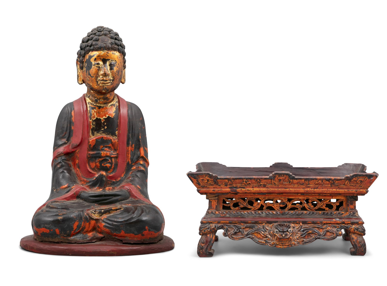 A PARCEL GILT AND RED LACQUERED WOODEN FIGURE OF A BUDDHA - PHẬT VIETNAM, LATE NGUYEN DYNASTY, (1 of 10)