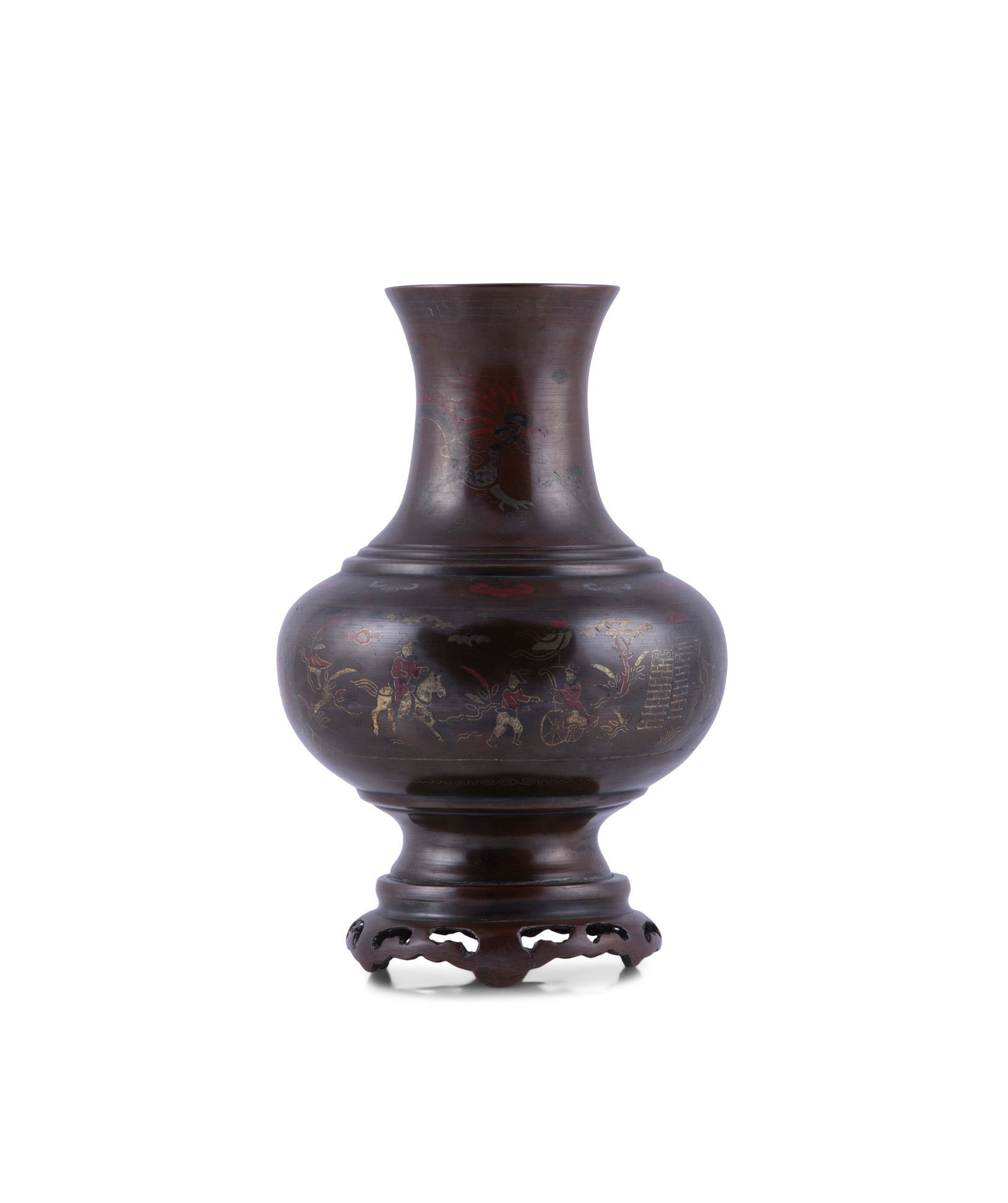 A BRONZE VASE WITH SILVER AND COPPER INLAY Vietnam, late 19th century of baluster shape with a (1 of 2)