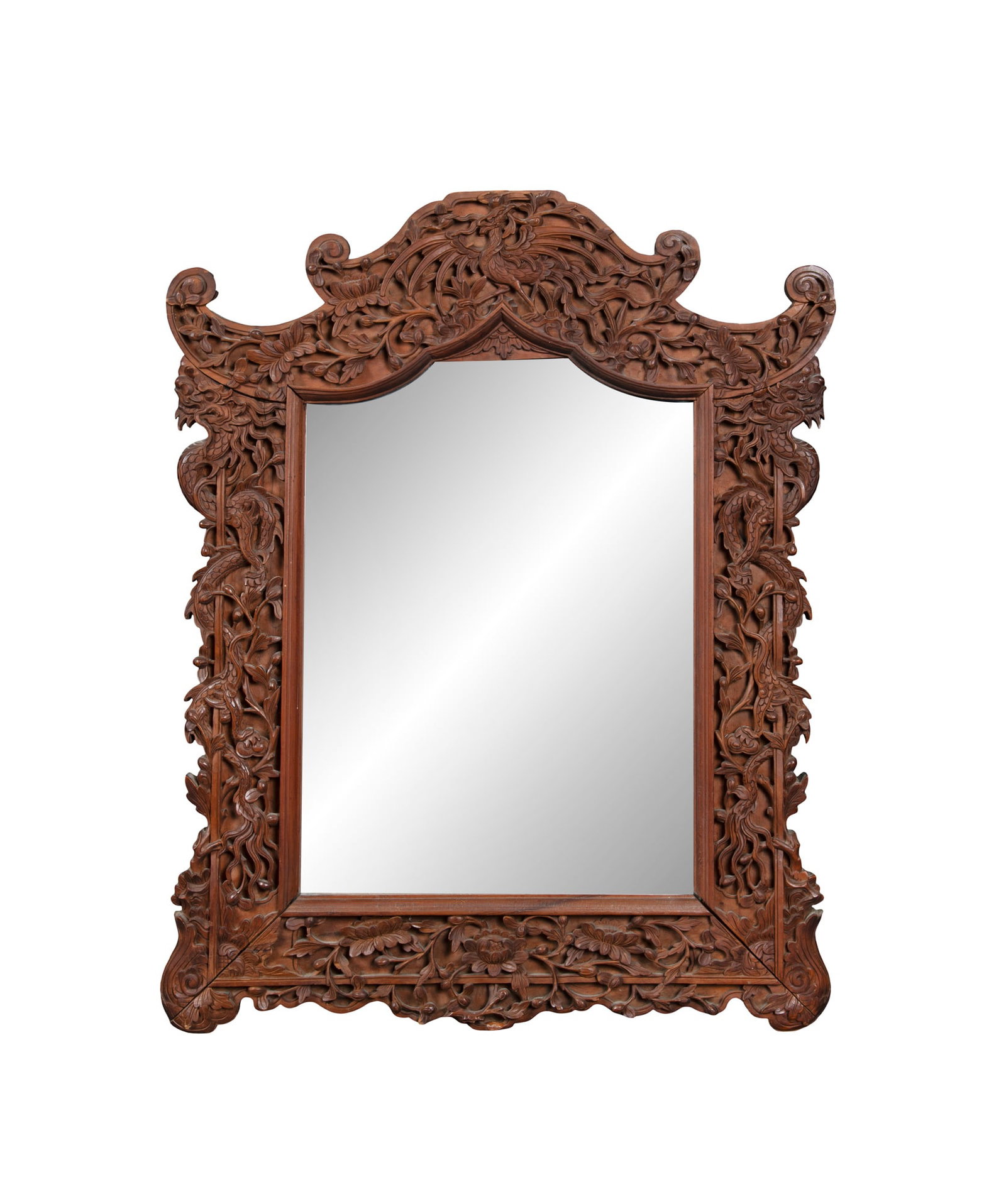 A MIRROR MOUNTED IN CARVED WOOD FRAME DECORATED WITH DRAGON Vietnam, early 20th century: A MIRROR MOUNTED IN CARVED WOOD FRAME DECORATED WITH DRAGON Vietnam, early 20th century Size.60x80cm Provenance: Private collection from the southwest of France.