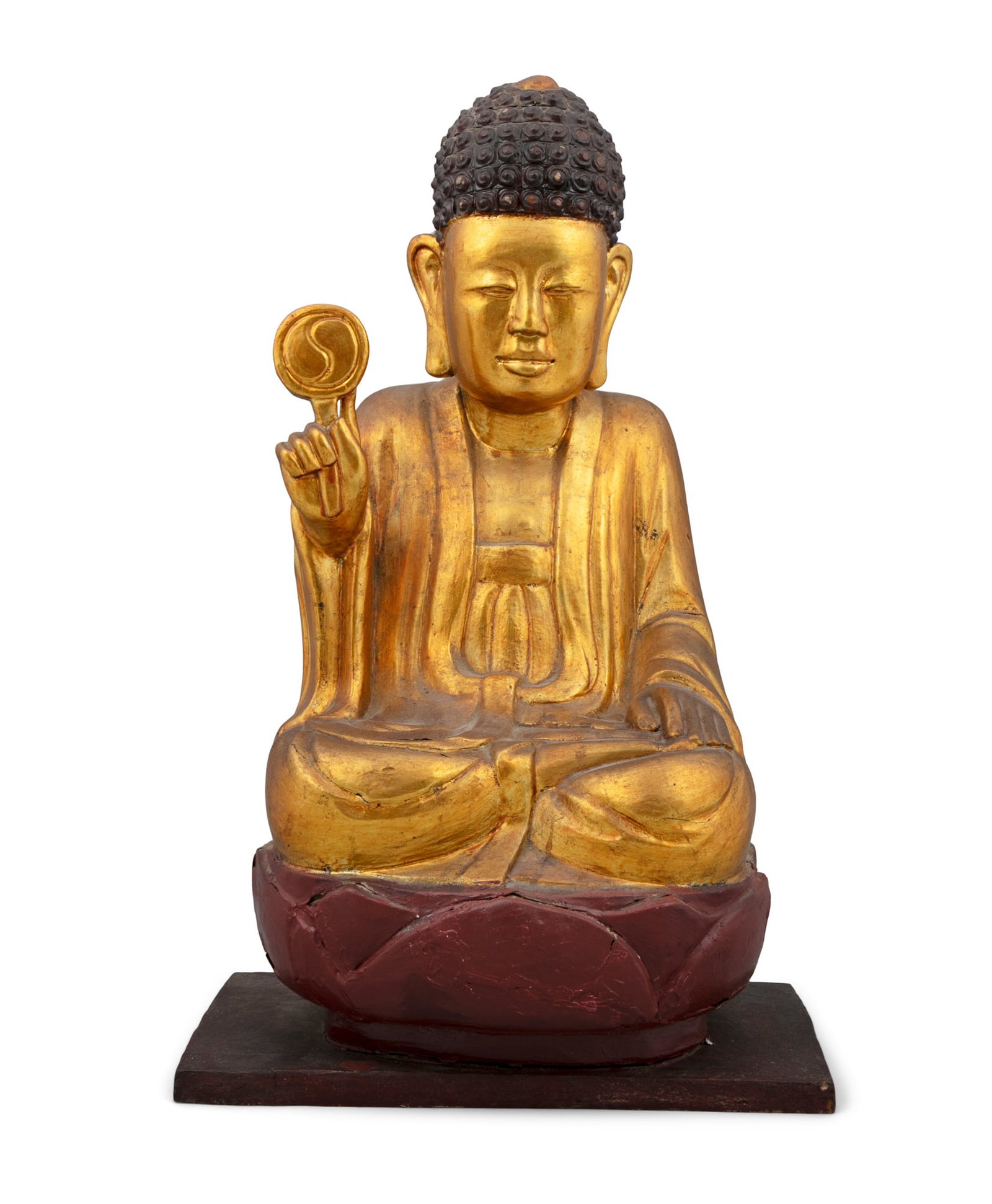 A GILT AND RED LACQUERED WOODEN FIGURE OF A BUDDHA VIETNAM, LATE NGUYEN DYNASTY, CIRCA 1900 The (1 of 5)