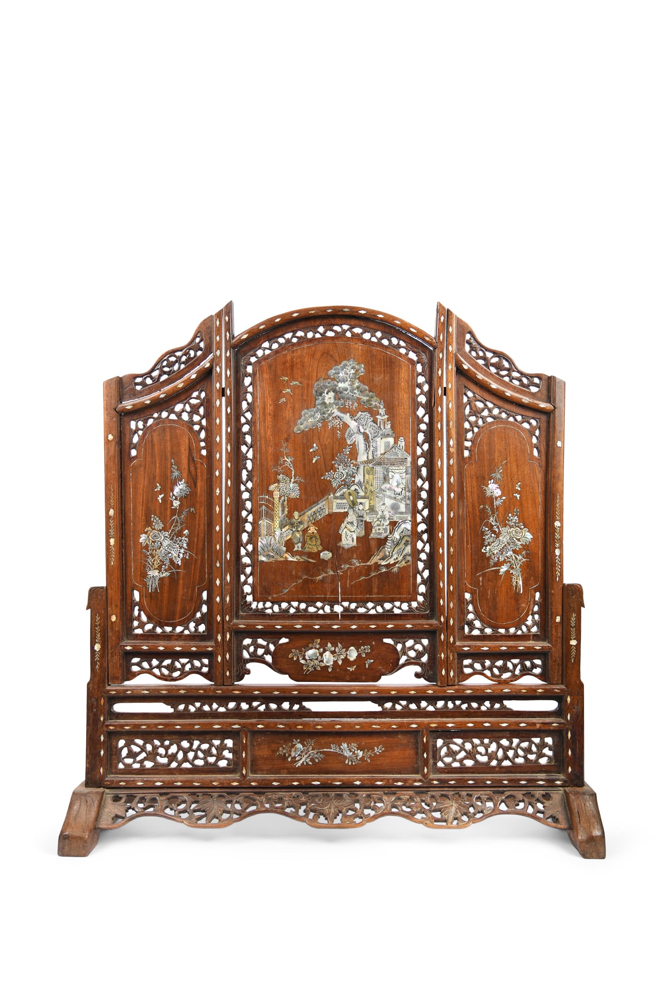A MAGNIFICENT THREE-PANEL MOTHER OF PEARL INLAID ‘LANDSCAPE’ WOODEN DESK SCREEN (1 of 5)