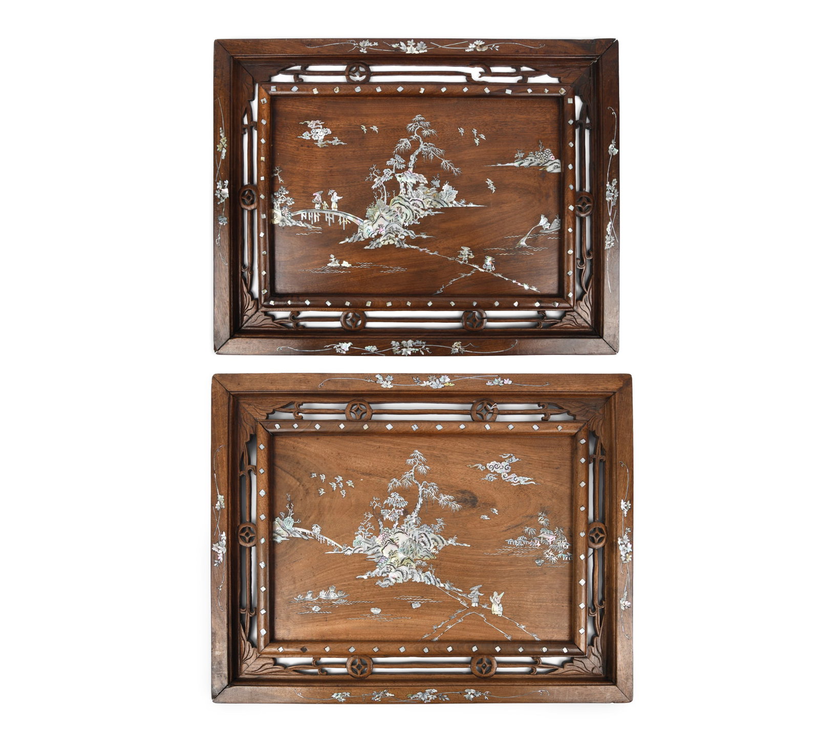 A RARE PAIR OF MOTHER OF PEARL INLAID ‘LANDSCAPE’ WOODEN PANELS Vietnam, Tonkin, Nam (1 of 6)