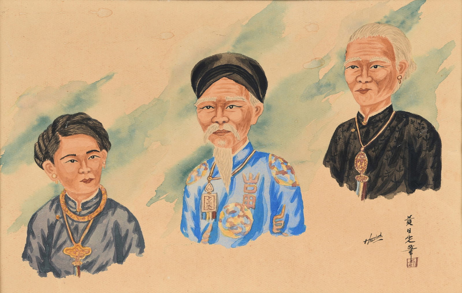 VIETNAMESE SCHOOL Portrait of Three Important Figures Vietnam, 20th century Watercolour on (1 of 1)