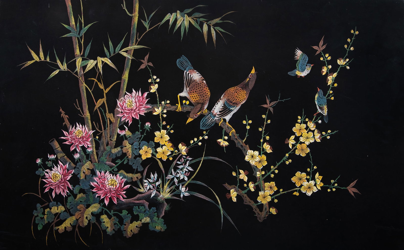WORKSHOP OF TROUNG VAN THANH Birds and Flowers Lacquered wooden panel, workshop signature on the (1 of 2)