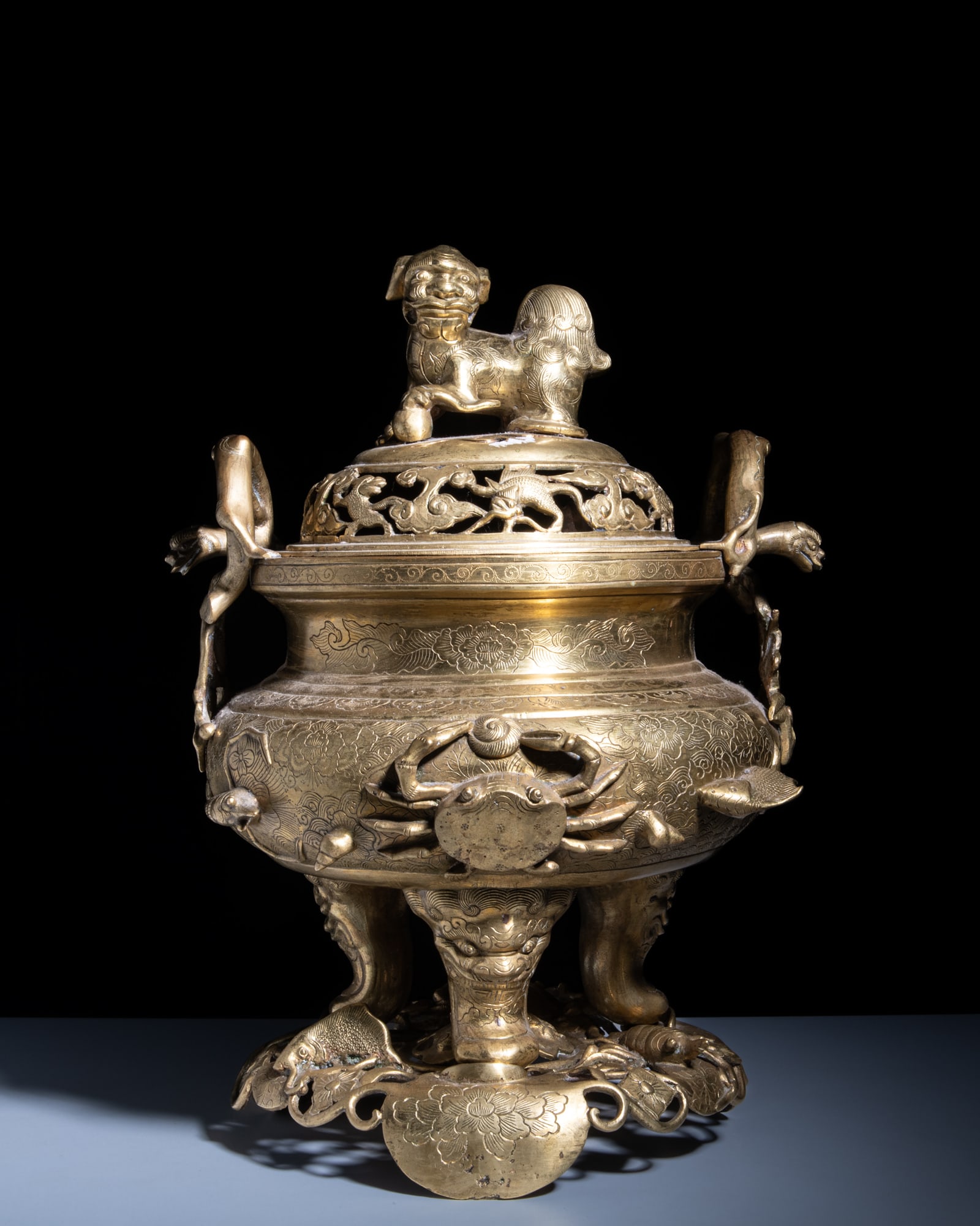 A LARGE GILT BRONZE 'LION' INCENSE BURNER WITH COVER AND STAND Vietnam, late 19th century (1 of 1)