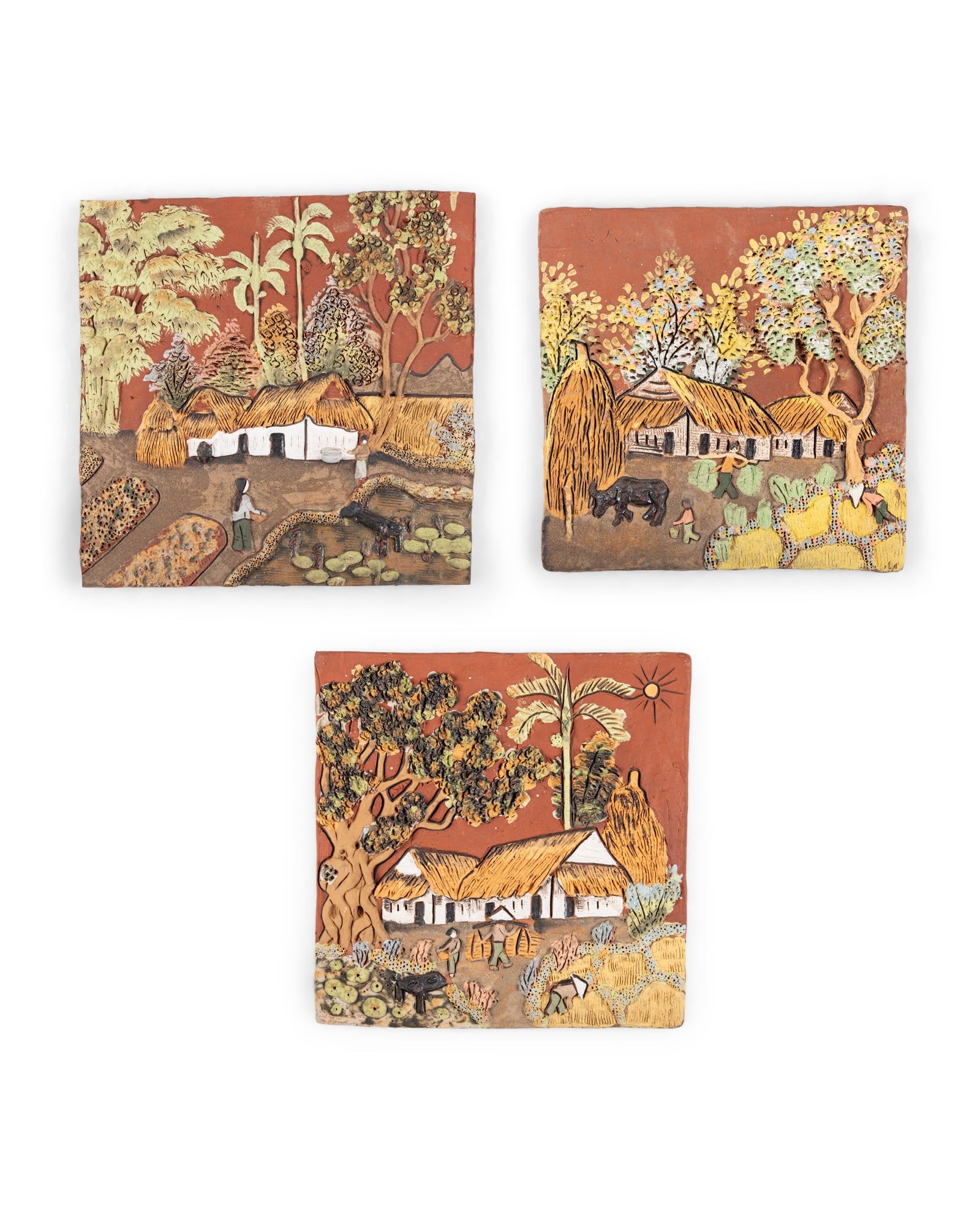 A SET OF THREE SQUARE CARVED PAINTED POTTERY PIECES: AGRICULTURAL SCENES Vietnam, first half of (1 of 4)