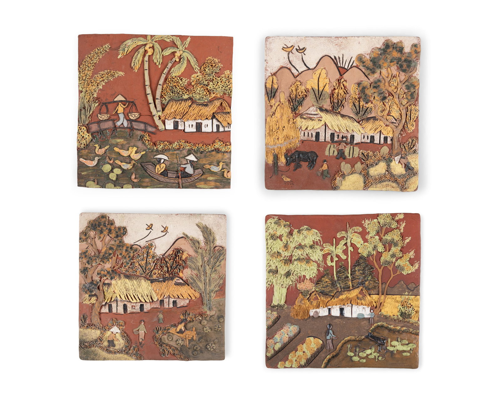 A SET OF FOUR SQUARE CARVED AND PAINTED POTTERY PIECES: AGRICULTURAL SCENES Vietnam, first half of: A SET OF FOUR SQUARE CARVED AND PAINTED POTTERY PIECES: AGRICULTURAL SCENES Vietnam, first half of 20th century Size.33.5x33.5cm - 29.5x29.5cm Provenance: from the collection of a prominent former Eur