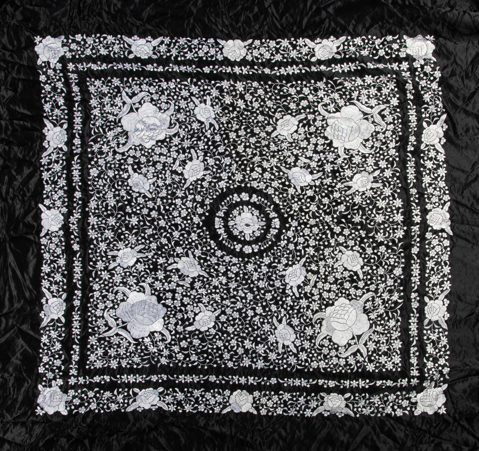 TWO BLACK-GROUND SILK SHAWLS WITH SILVERED THREAD-EMBROIDERED ‘ROSES AND PEACOCKS’ (1 of 7)