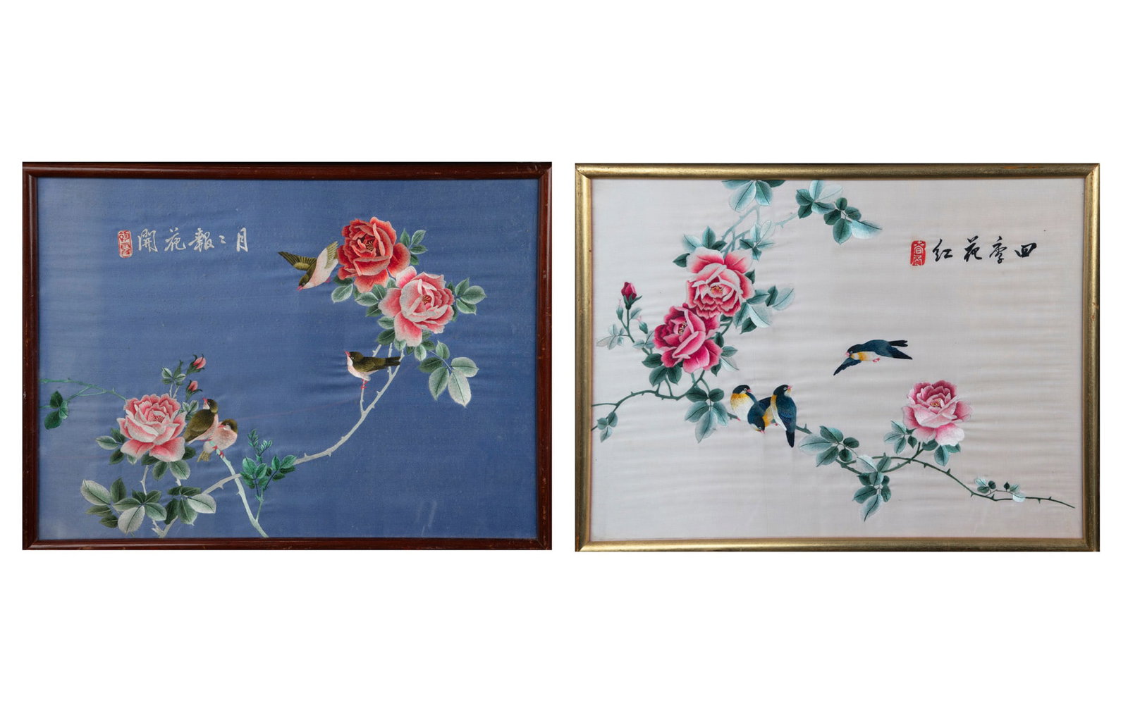TWO FRAMED SILK EMBROIDERY 'BIRDS AND FLOWERS' PAINTINGS China, 20th century Size.33.5x47cm (1 of 3)