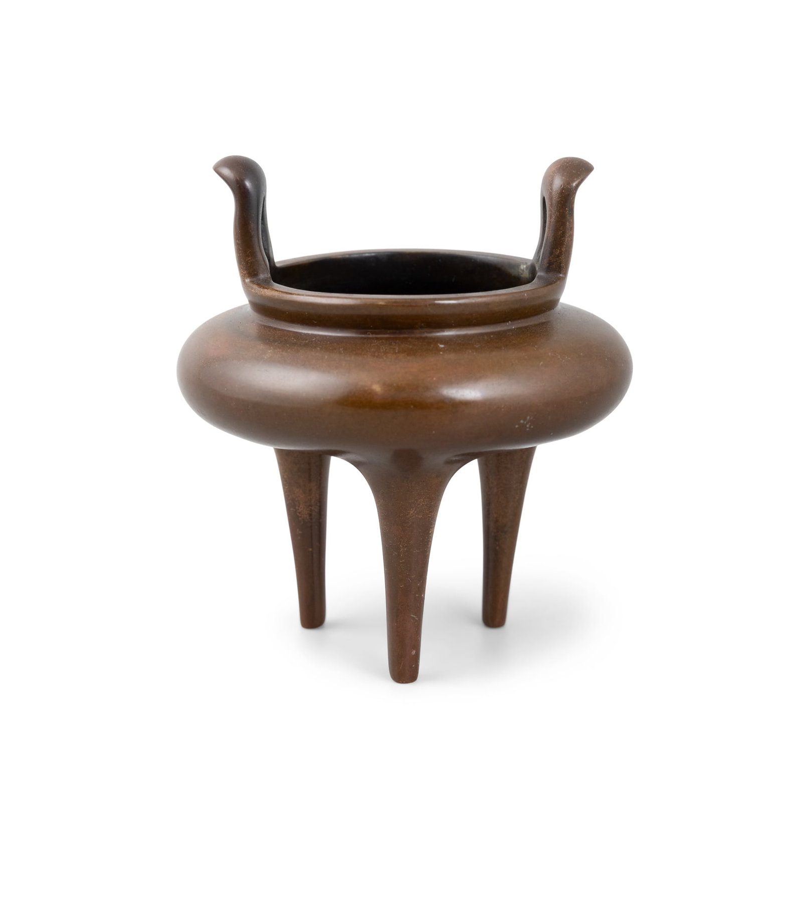 A BROWN PATINA TRIPOD BRONZE INCENSE BURNER, MARKED 'QING WAN YA TANG' China, late Qing dynasty (1 of 5)