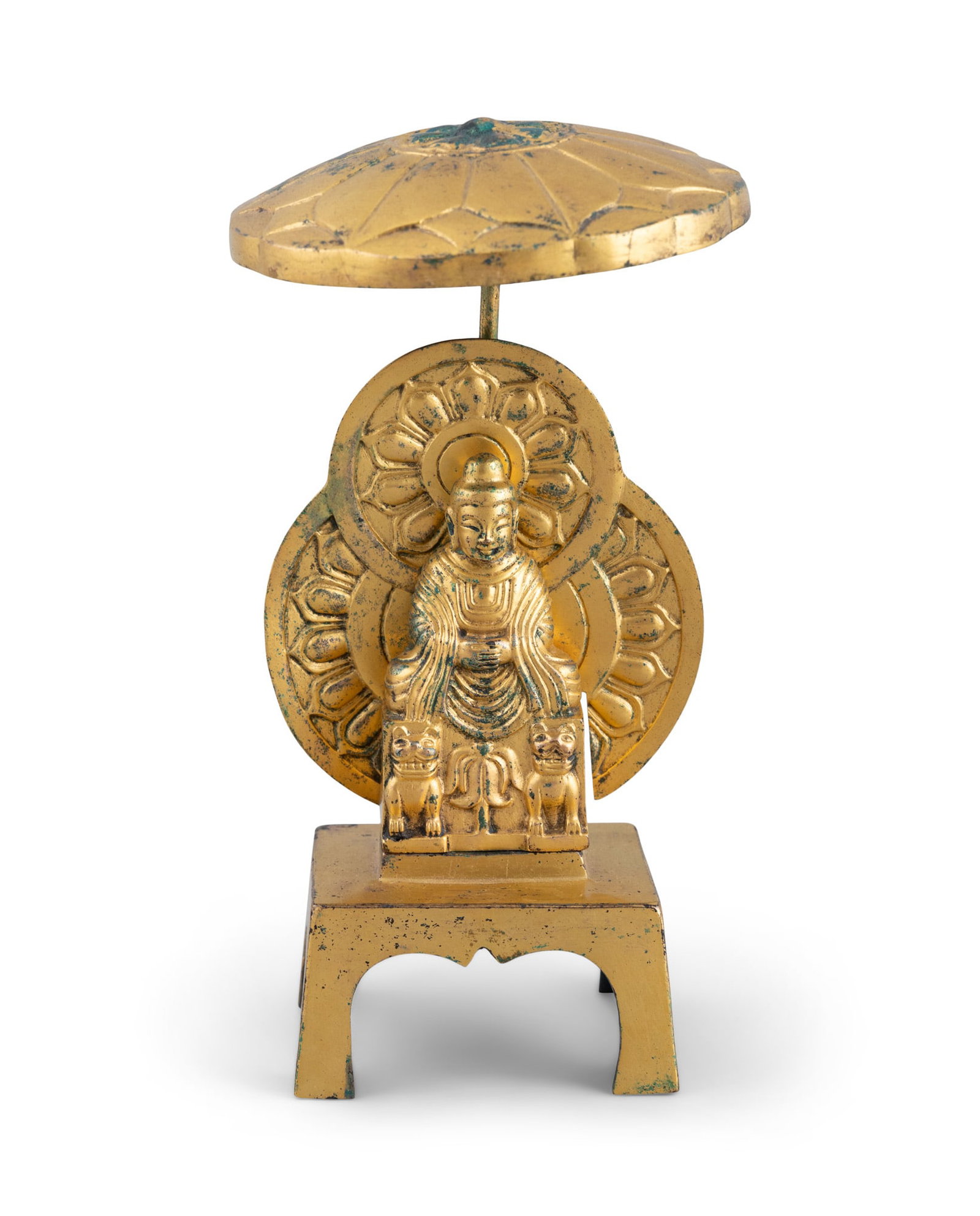 A GILT COPPER VOTIVE STELE OF SEATED BUDDHA China with an inscription on the back: 正 (1 of 4)