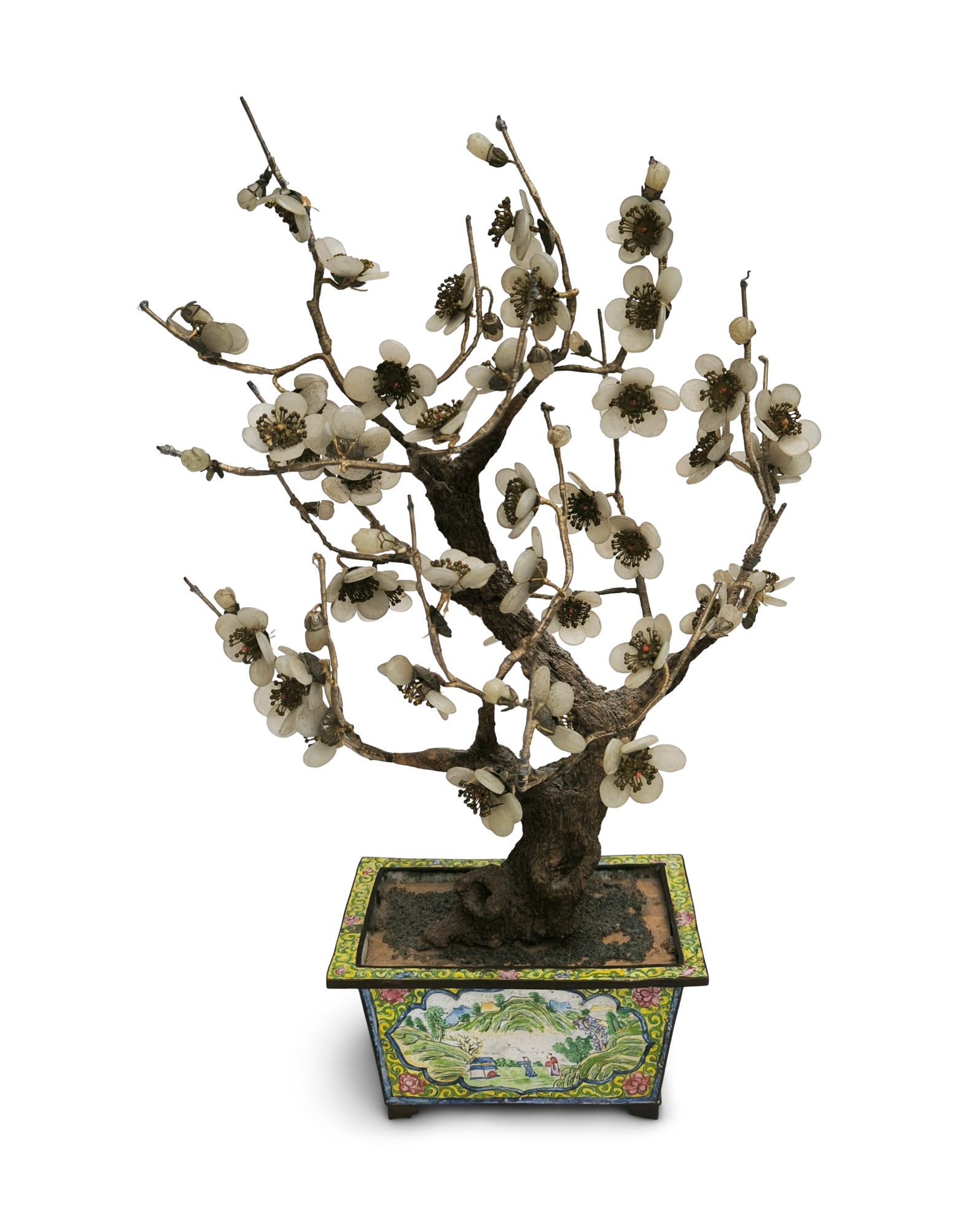 A CANTON ENAMEL HARDSTONE-CARVED PLUM BLOOM BONSAI PLANTER China, Republic period H.35.3cm (1 of 9)