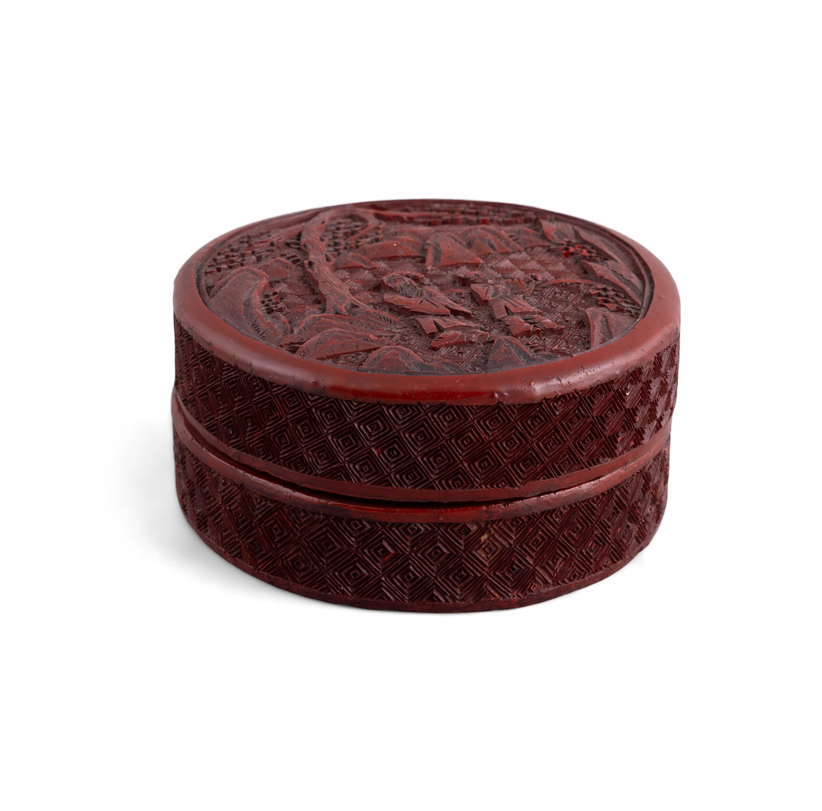 A CINABAR LACQUER CARVED 'SCHOLAR' CIRCULAR BOX AND COVER 19世纪 剔红 (1 of 5)