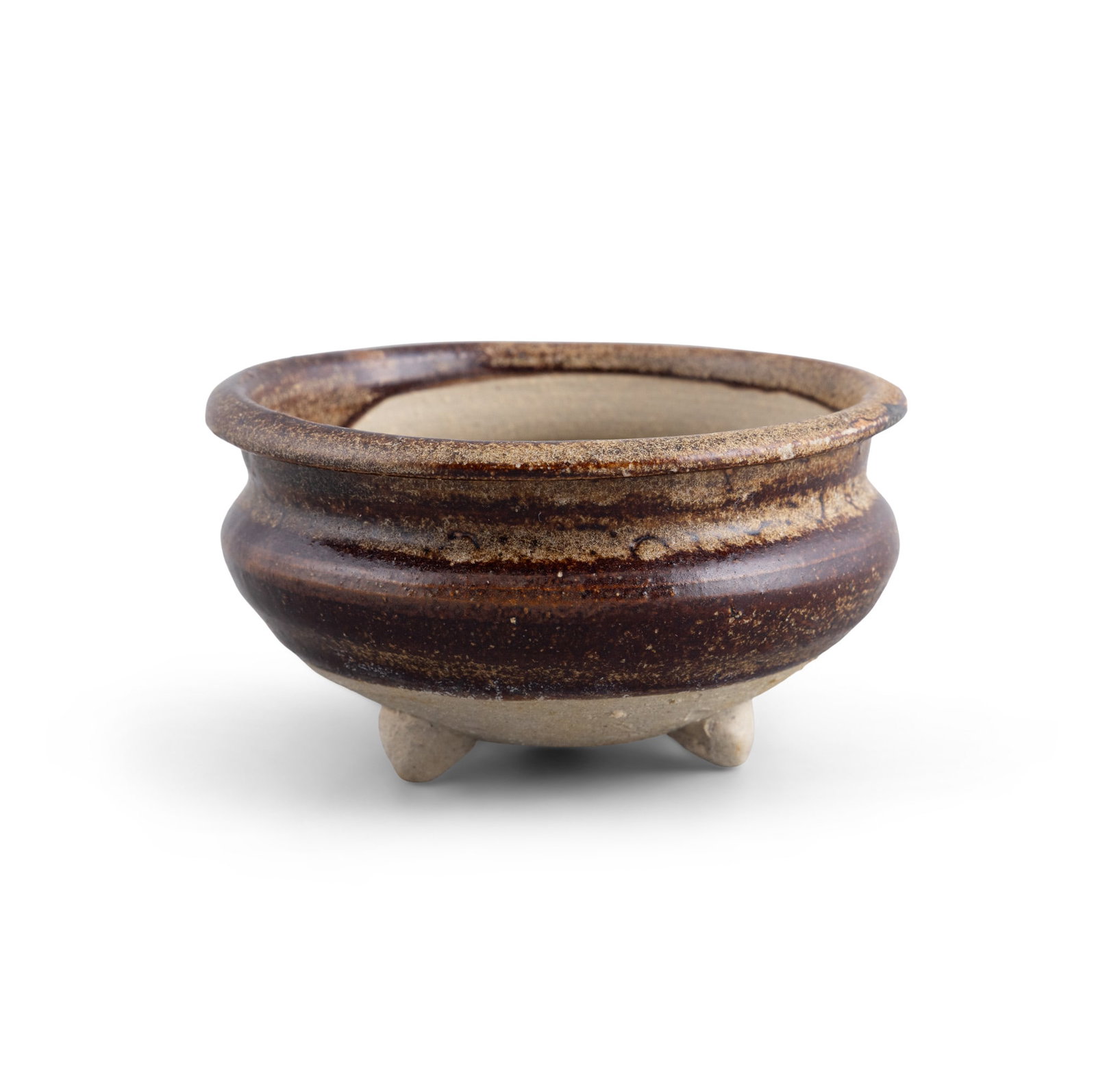 A BROWNISH GLAZED TRIPOD INCENSE BURNER 宋代 三足棕釉香: A BROWNISH GLAZED TRIPOD INCENSE BURNER 宋代 三足棕釉香炉 China, Song dynasty D.10.9cm