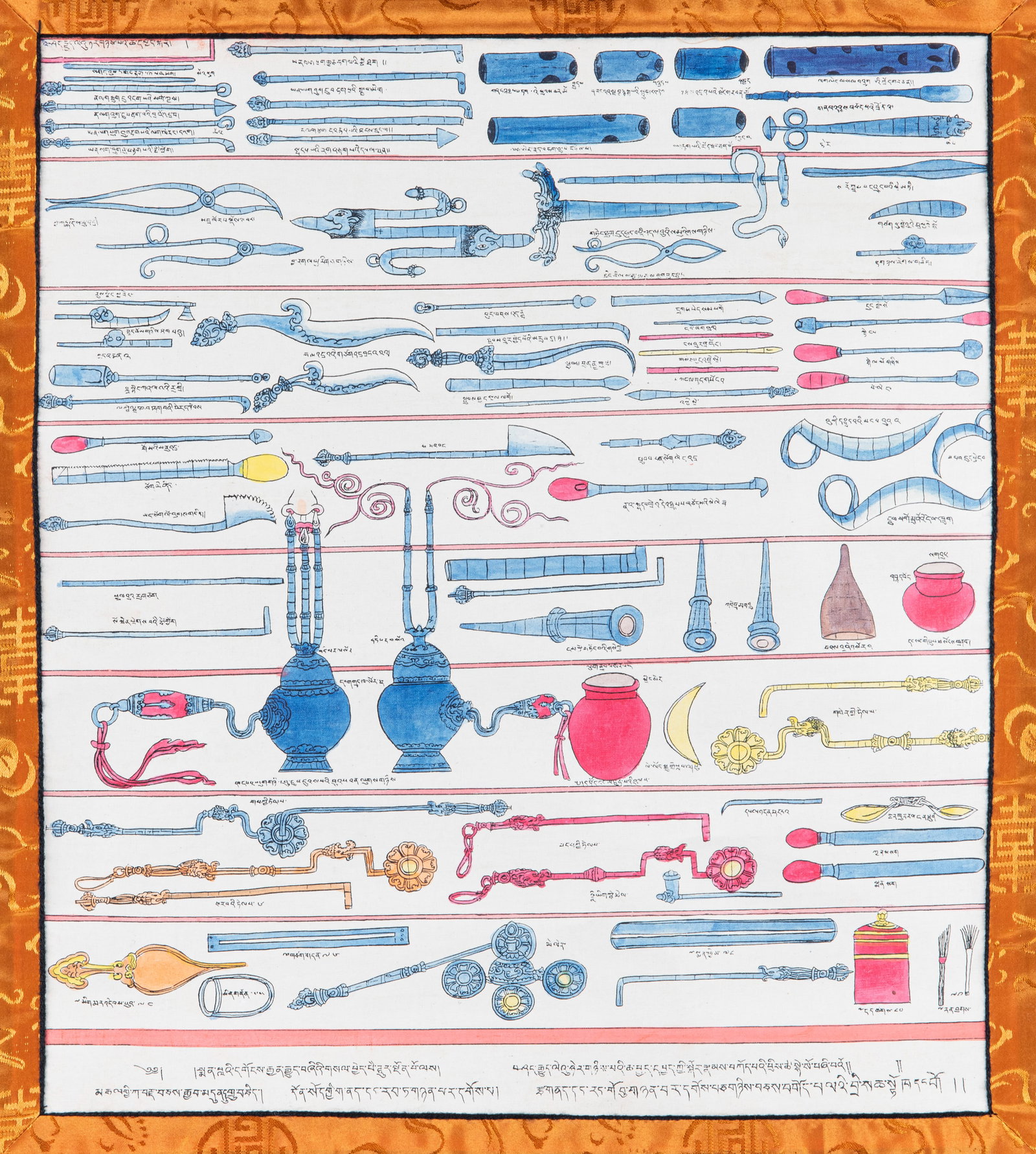 A POLYCHROME PRINTED THANGKA ON CLOTH DEPICTING MEDICAL INSTRUMENT Tibet, late 20th Century. This (1 of 1)