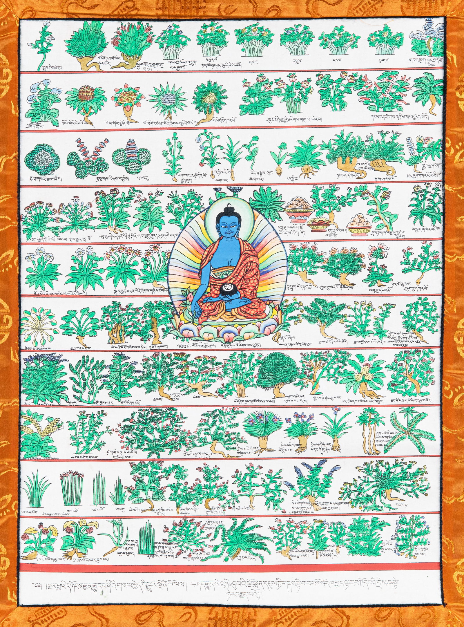 A POLYCHROME PRINTED MEDICAL THANGKA ON CLOTH DEPICTING BHAISAJYAGURU AMONG MEDICINAL PLANTS Tibet, (1 of 2)
