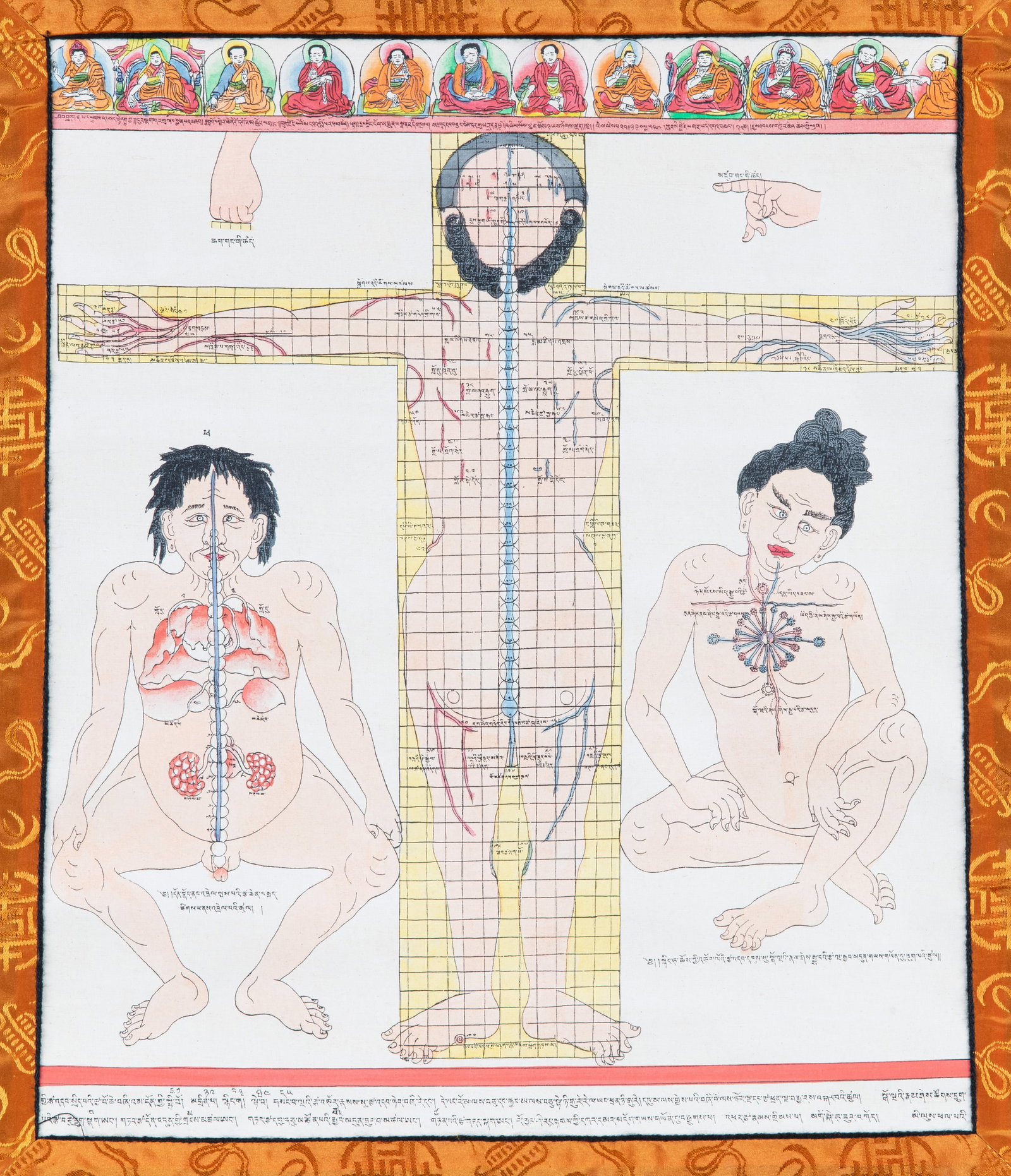 A POLYCHROME PRINTED MEDICAL THANGKA ON CLOTH Tibet, late 20th Century. After the paintings that: A POLYCHROME PRINTED MEDICAL THANGKA ON CLOTH Tibet, late 20th Century. After the paintings that accompany the medical treatise known as 'the Blue Beryl', commissioned by the 3rd Desi Sanggye Gyatso (