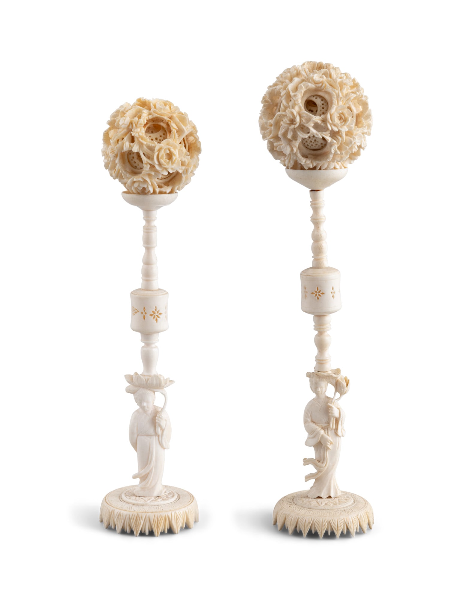 TWO CARVED IVORY PUZZLEBALLS AND STANDS China, Canton, circa 1920 H.25-27cm (1 of 5)