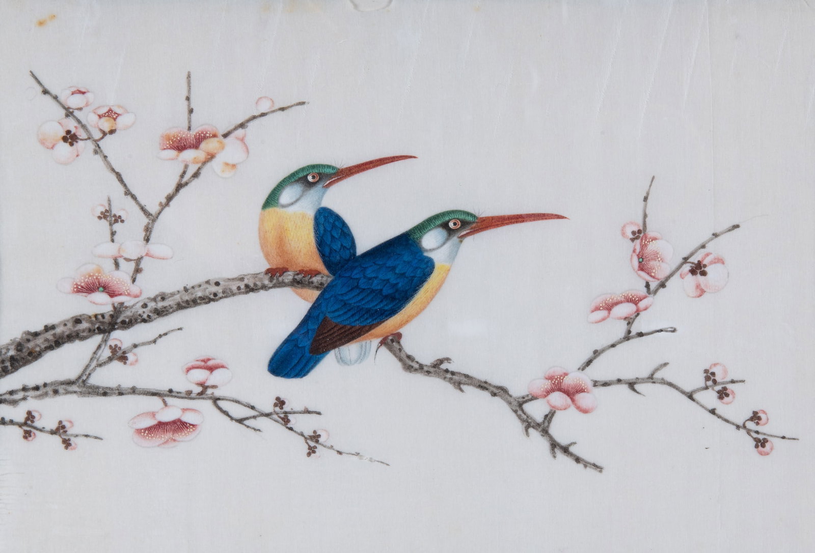 TWO FRAMED RICE PAPER PAINTINGS OF BIRDS 19世纪末 广作带 (1 of 2)