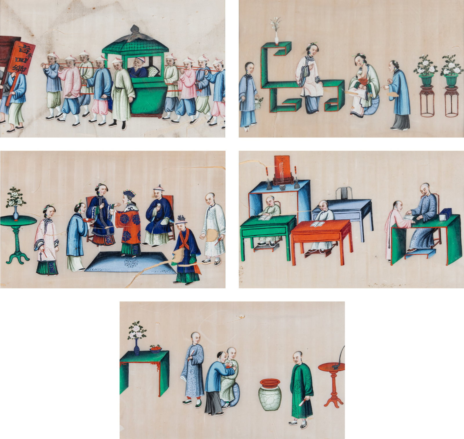 A SET OF FIVE FRAMED RICE PAPER PAINTINGS OF FIGURES 19世纪末 广作: A SET OF FIVE FRAMED RICE PAPER PAINTINGS OF FIGURES 19世纪末 广作带框通草画人物故事图两件 China,