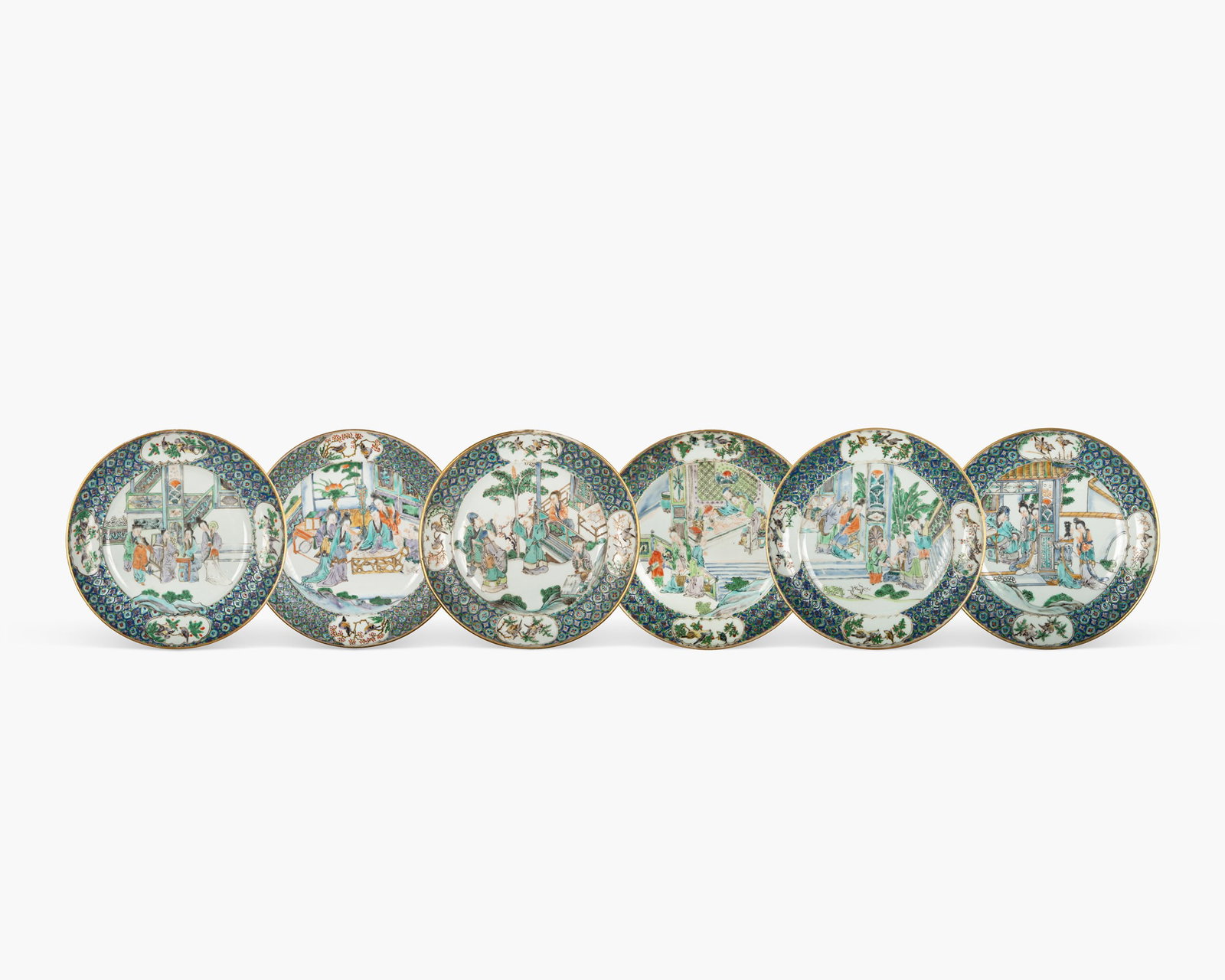 A COLLECTION OF SIX CANTONESE FAMILLE ROSE 'FIGURES' DISHES 清18世纪 绿: A COLLECTION OF SIX CANTONESE FAMILLE ROSE 'FIGURES' DISHES 清18世纪 绿广彩人物故事纹盘一组六件 China,