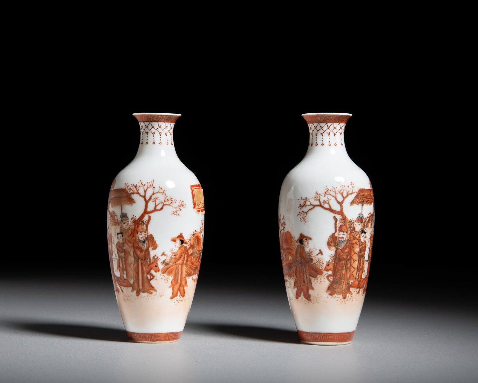 A PAIR OF EGG-SHELL IRON-RED AND GILT GLAZED 'FIGURES' VASES, MARKED QIANLONG 民国 (1 of 3)